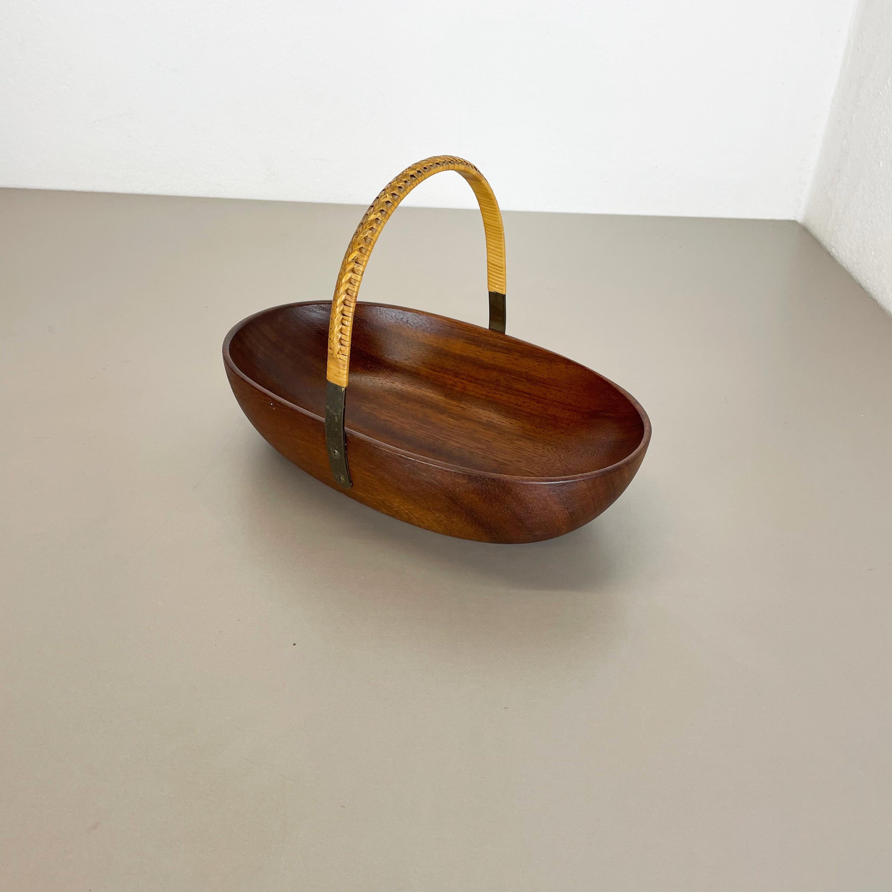 Austrian Original Teak Bowl with Brass and Rattan Handle by Carl Auböck Austria, 1950