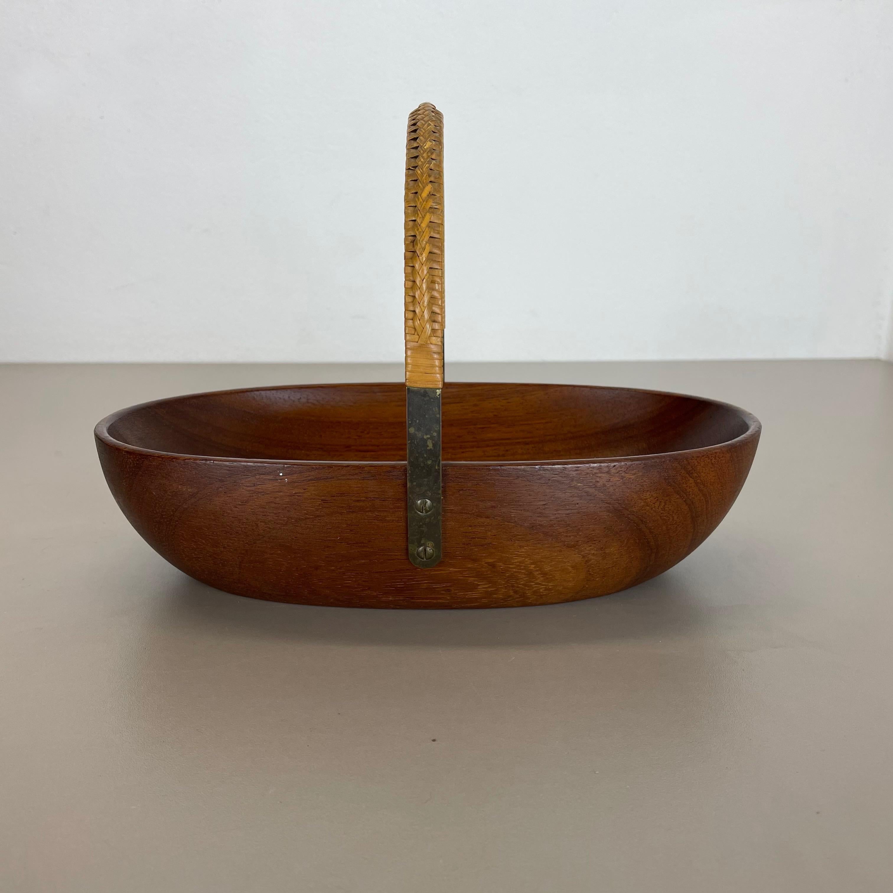 20th Century Original Teak Bowl with Brass and Rattan Handle by Carl Auböck Austria, 1950