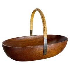 Original Teak Bowl with Brass and Rattan Handle by Carl Auböck Austria, 1950