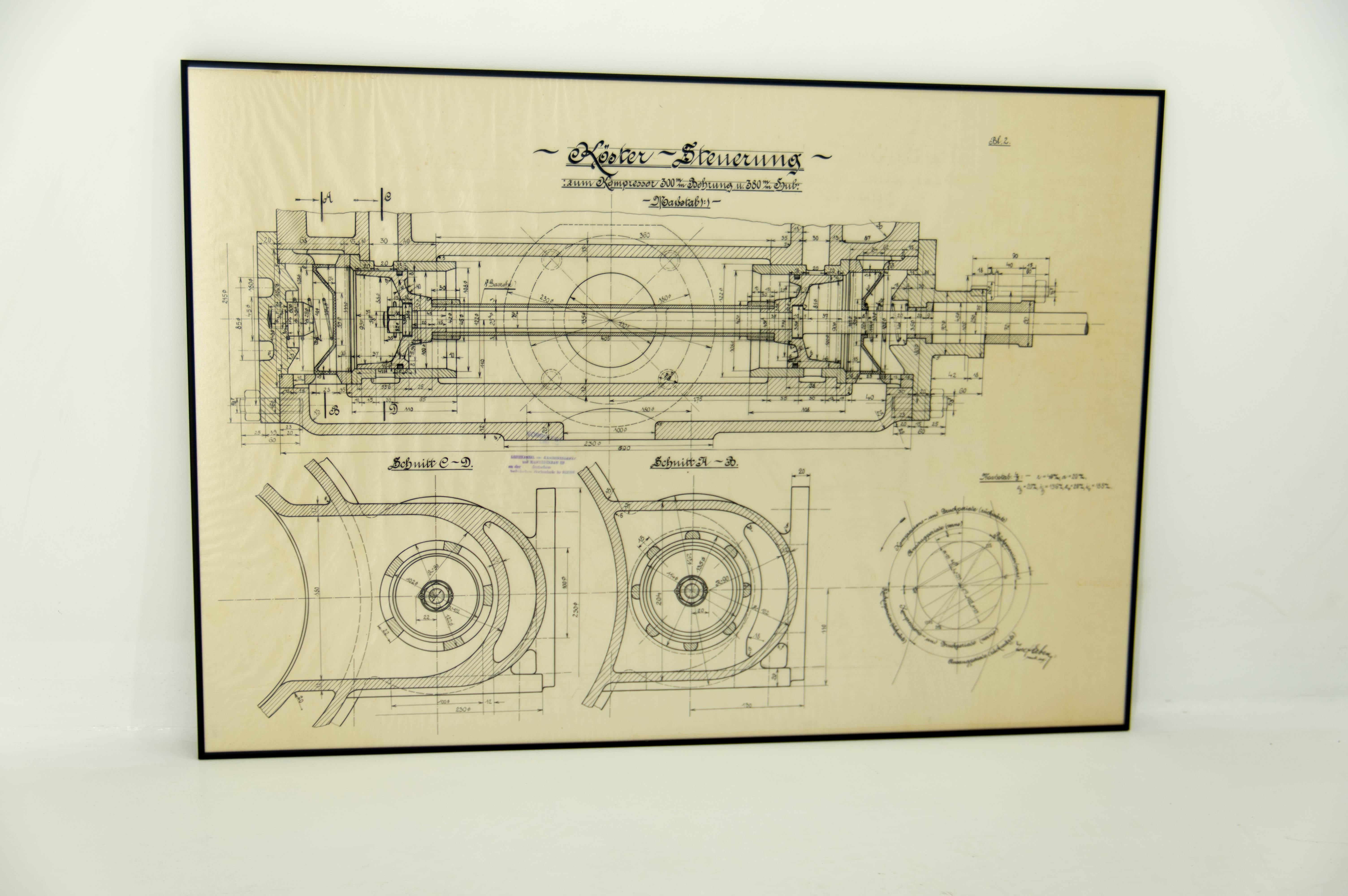 Handmade technical drawing. Stamped in 1925 by Technical University in Brno. Ink on a paper. Newly framed in mat anthracite steel frame. Mat glass.