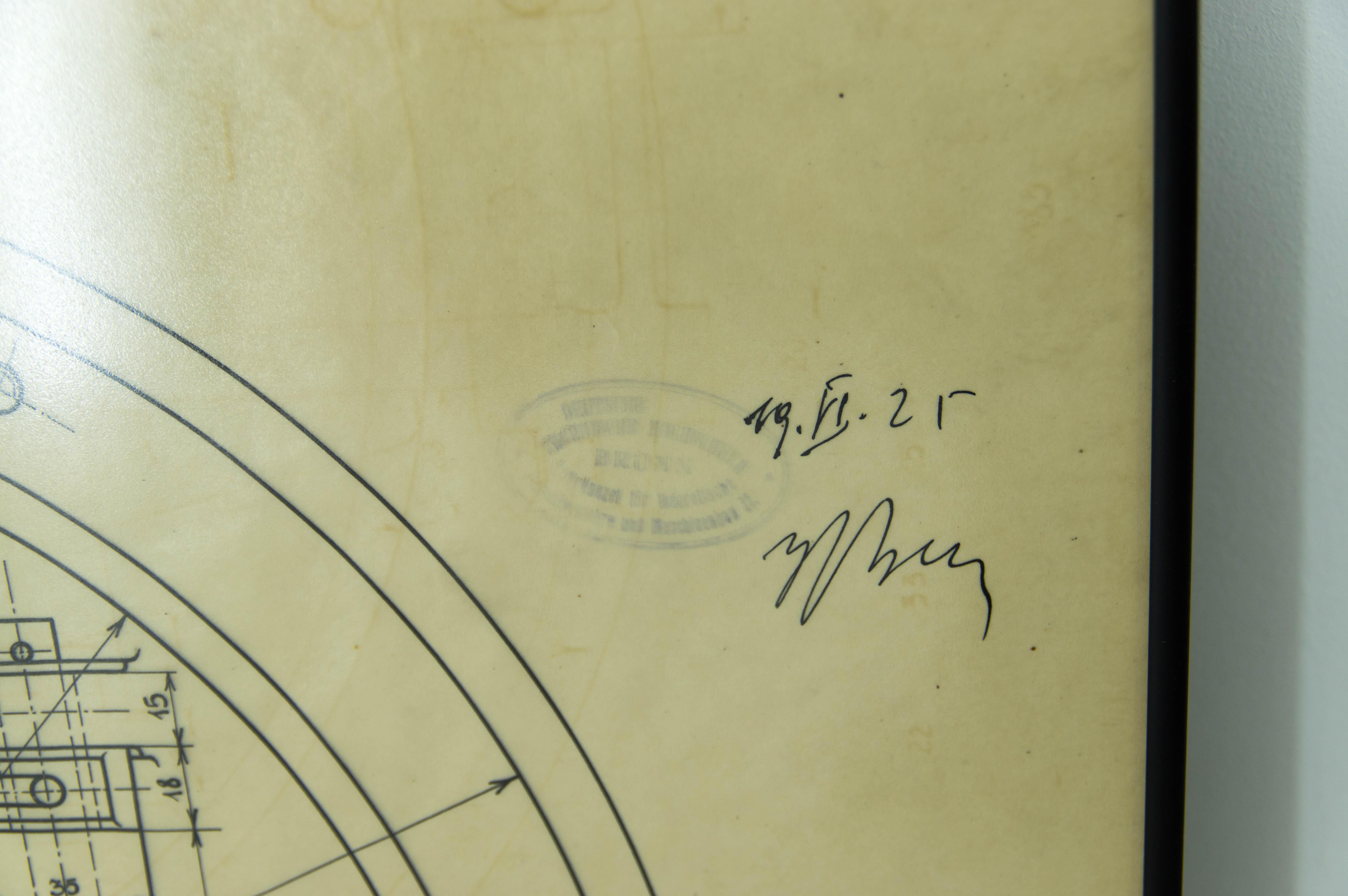 Handmade technical drawing. Signed and stamped in 1925. Ink on a paper. Newly framed in mat anthracit steel frame. Mat glass.