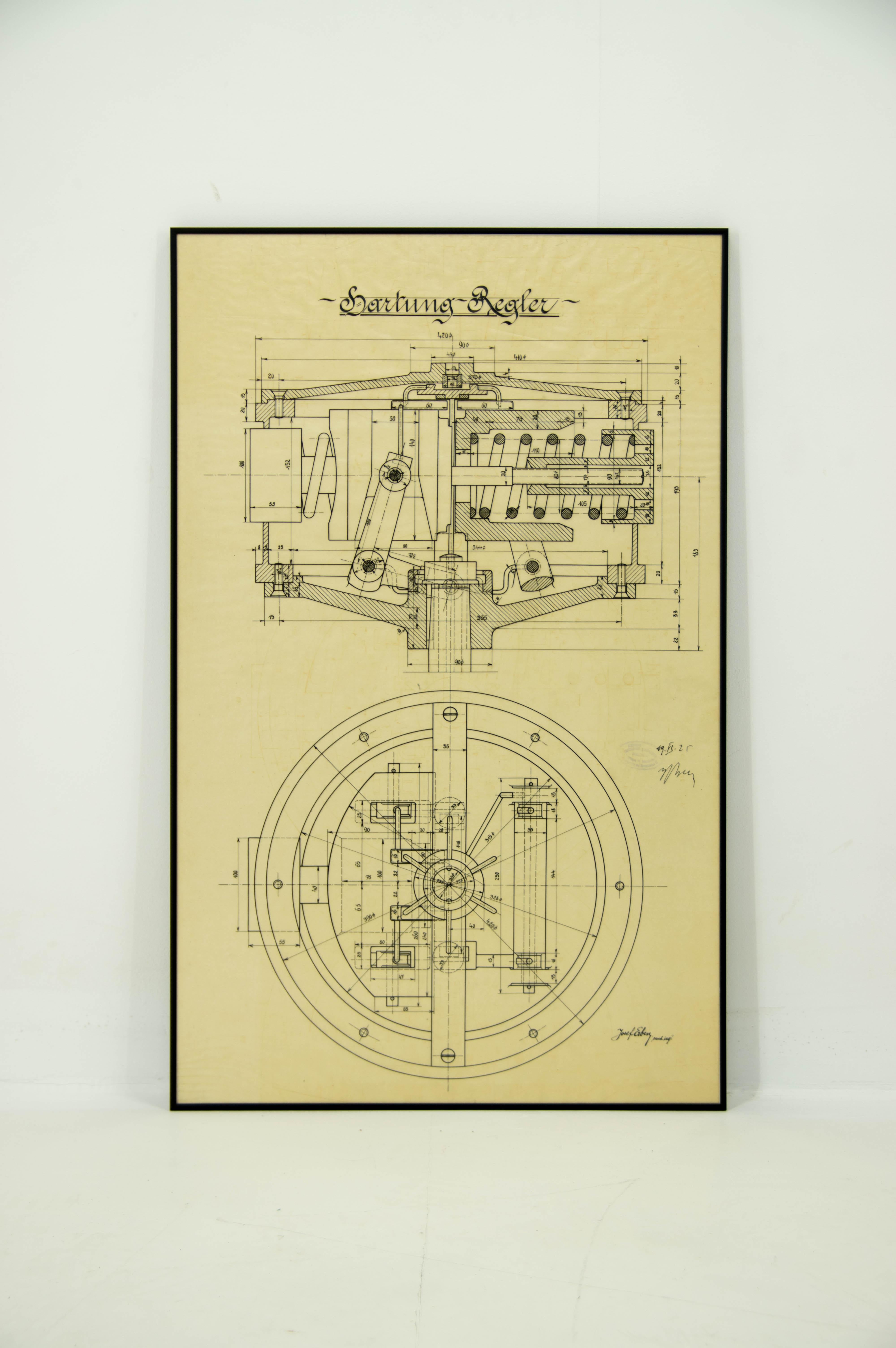 Steel Original Technical Drawing of Hartungs Regulator, 1925 For Sale