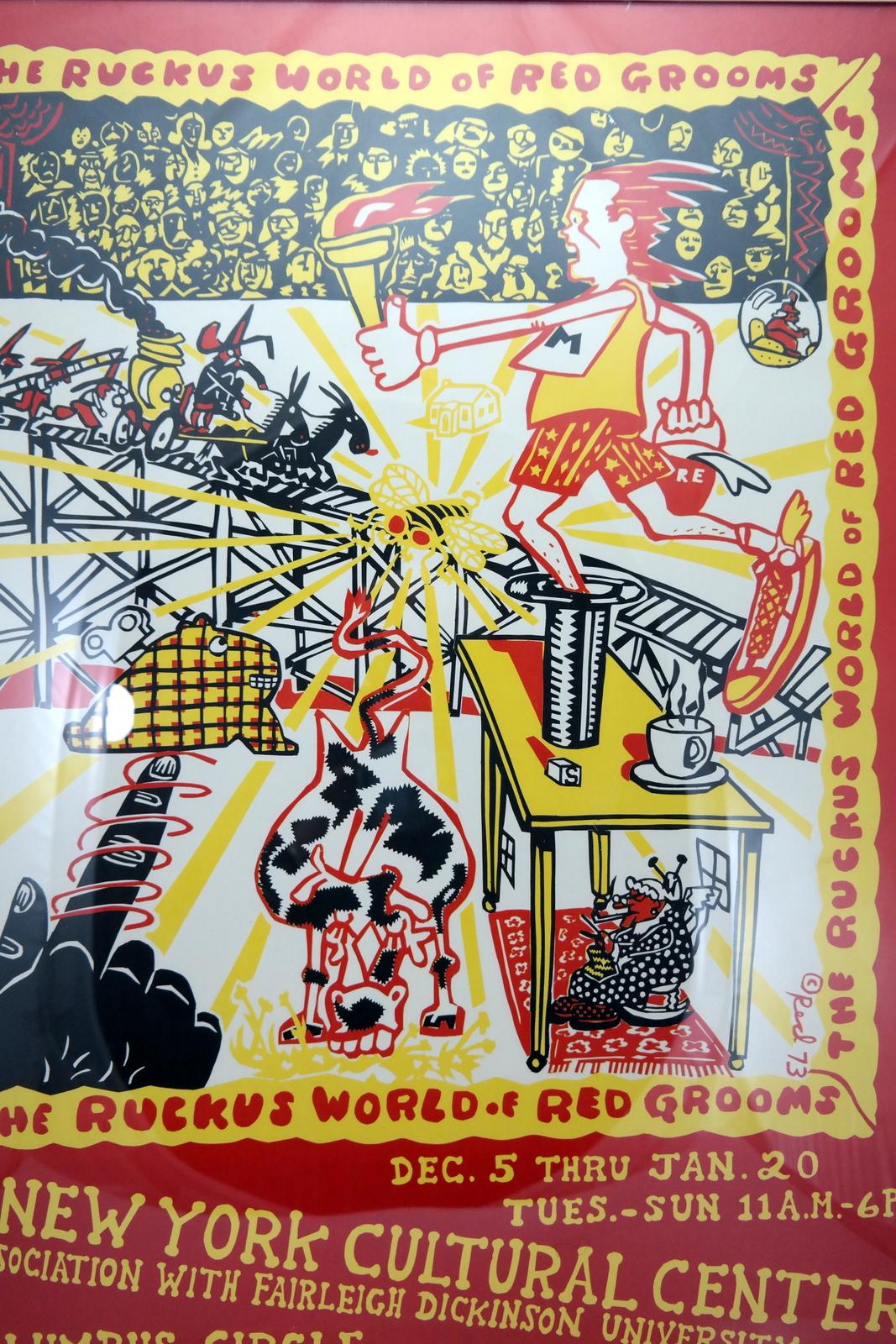 Un raro poster di una prima mostra di Red Grooms al New York Cultural Center, che divenne il MAD Museum (Museum Of Arts and Design) al 2 Columbus Circle, Manhattan, New York. Questo raro pezzo di pop art è un documento dell'opera matura di Grooms