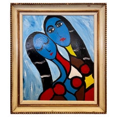 Original Thomas Pulgini Oil Painting Modern Art Two Ladies