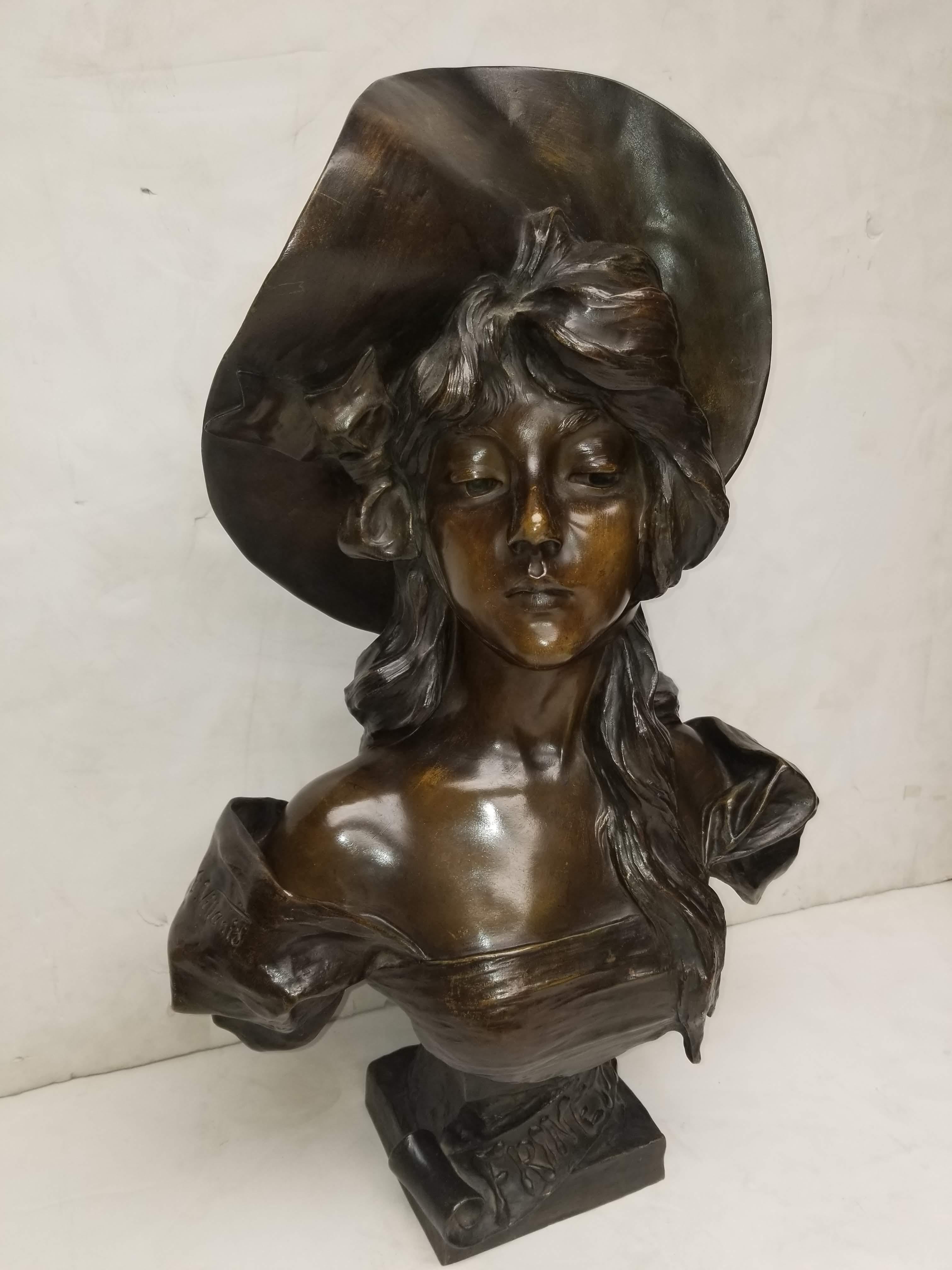 Buste original en bronze de Tiffany représentant une femme signé E. Villanis en vente 12
