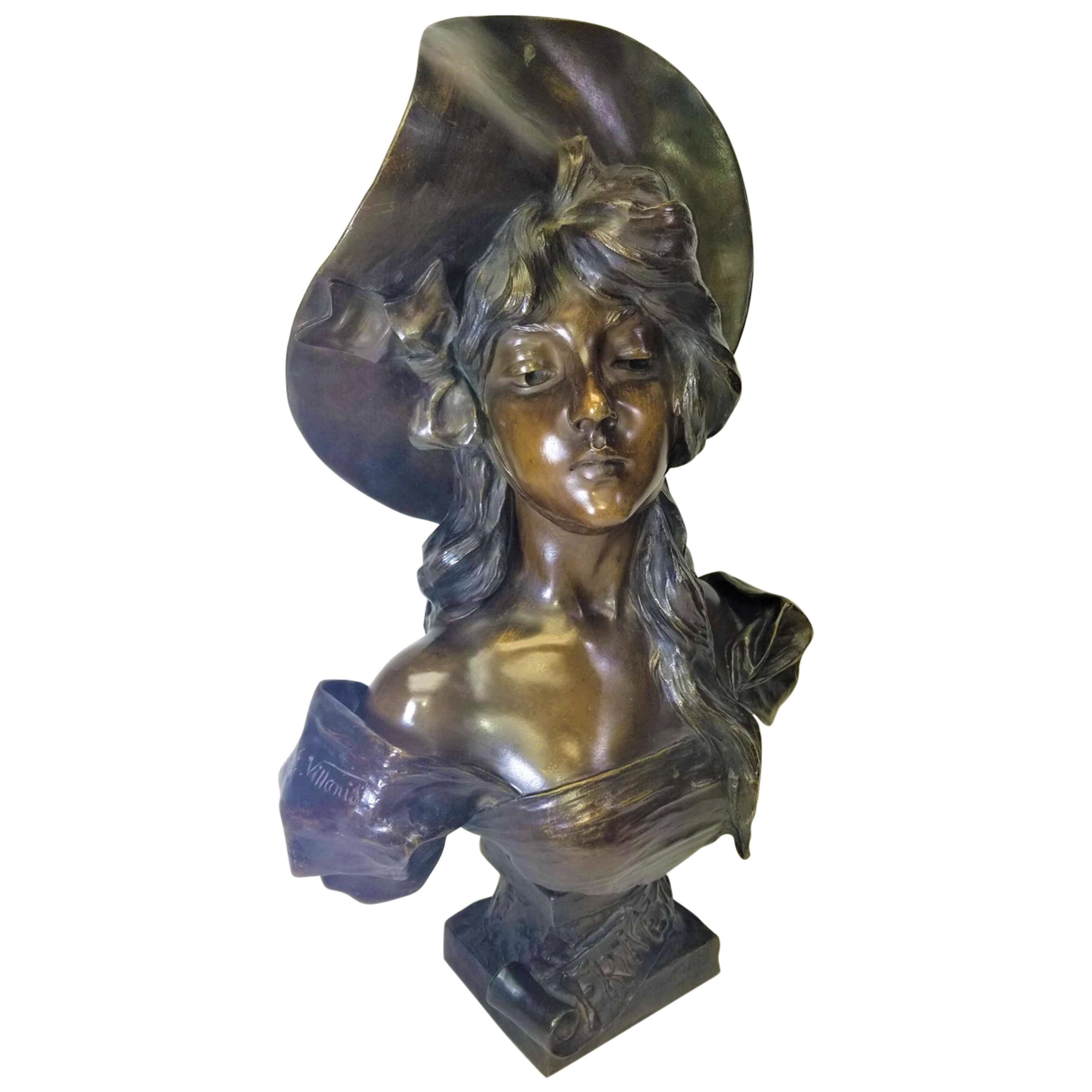 Buste original en bronze de Tiffany représentant une femme signé E. Villanis