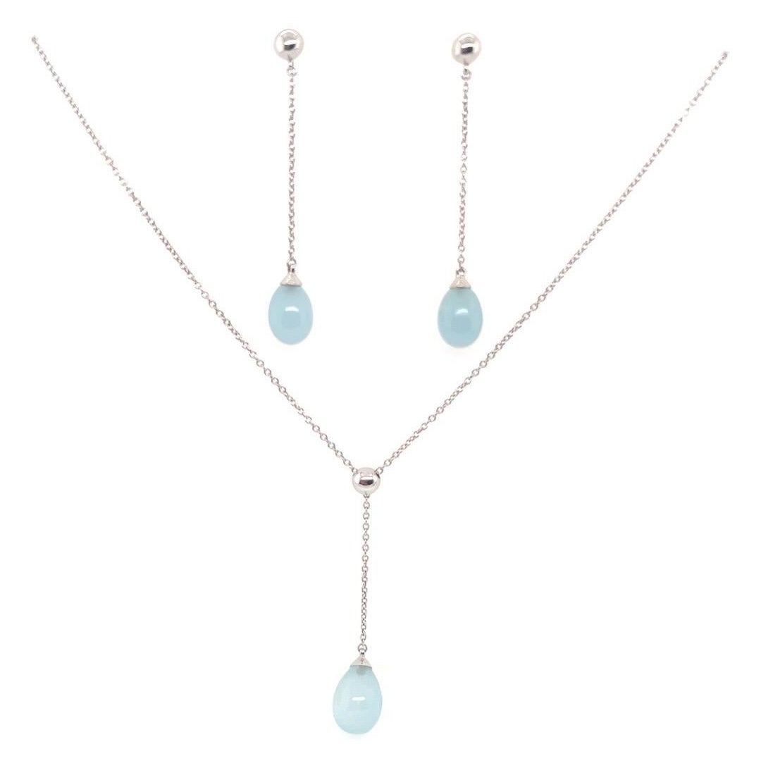 Original Tiffany & Co White Gold Natural Aquamarine Drop Earring and Pendant Set