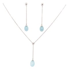 Original Tiffany & Co White Gold Natural Aquamarine Drop Earring and Pendant Set