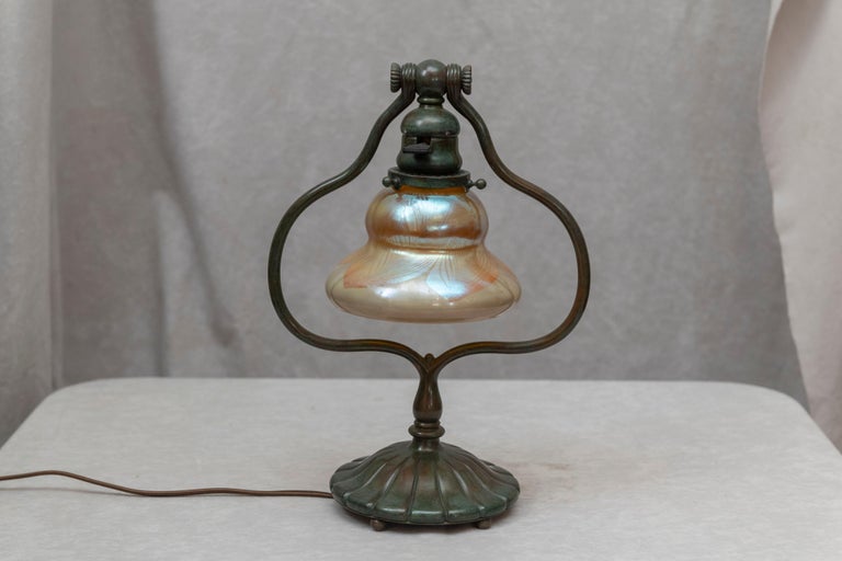 Original Tiffany Studios Harp Lamp with Pulled Feather Art Glass Shade