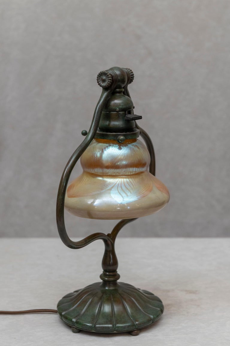 Original Tiffany Studios Harp Lamp with Pulled Feather Art Glass Shade