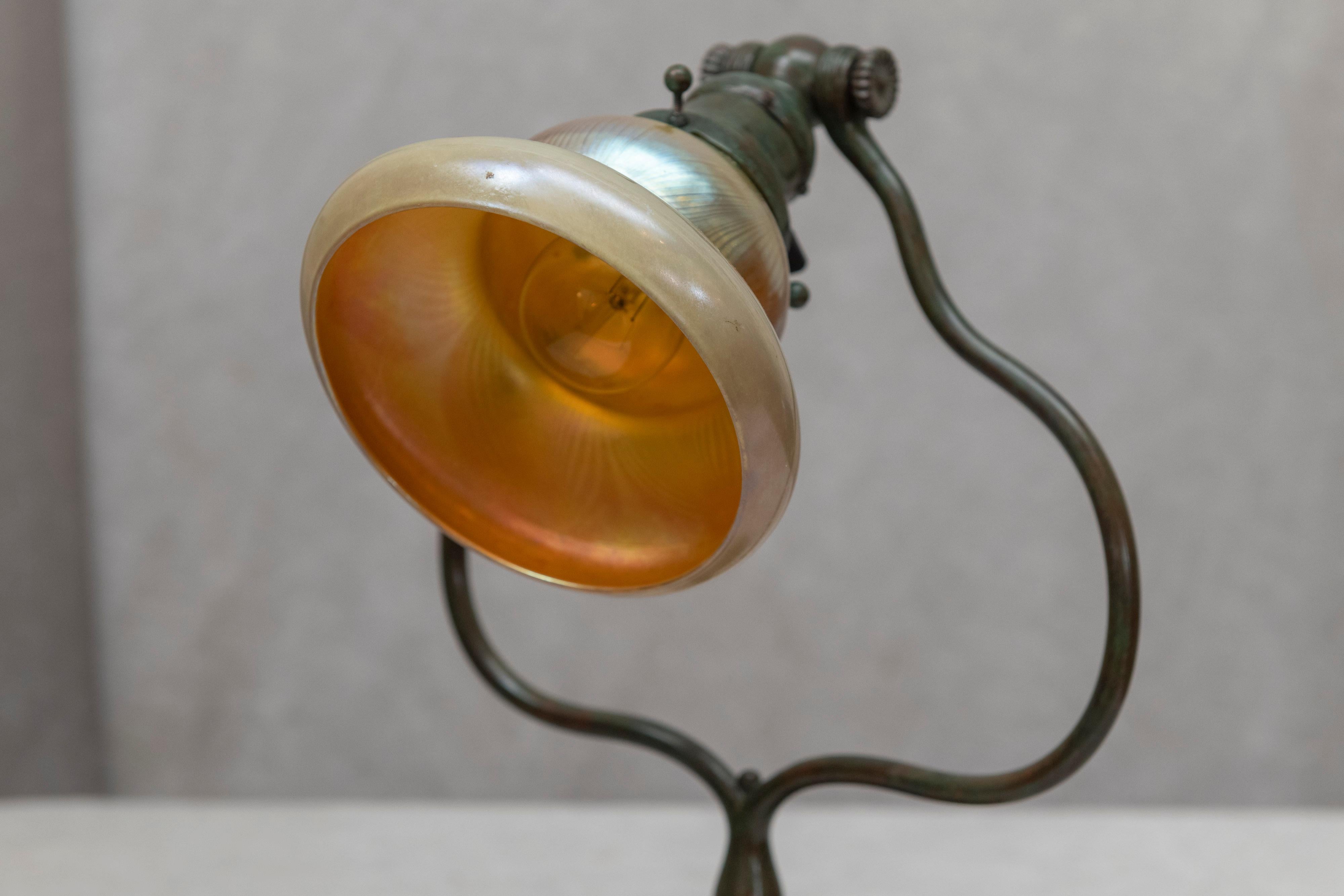 Hand-Crafted Original Tiffany Studios Harp Lamp with Pulled Feather Art Glass Shade