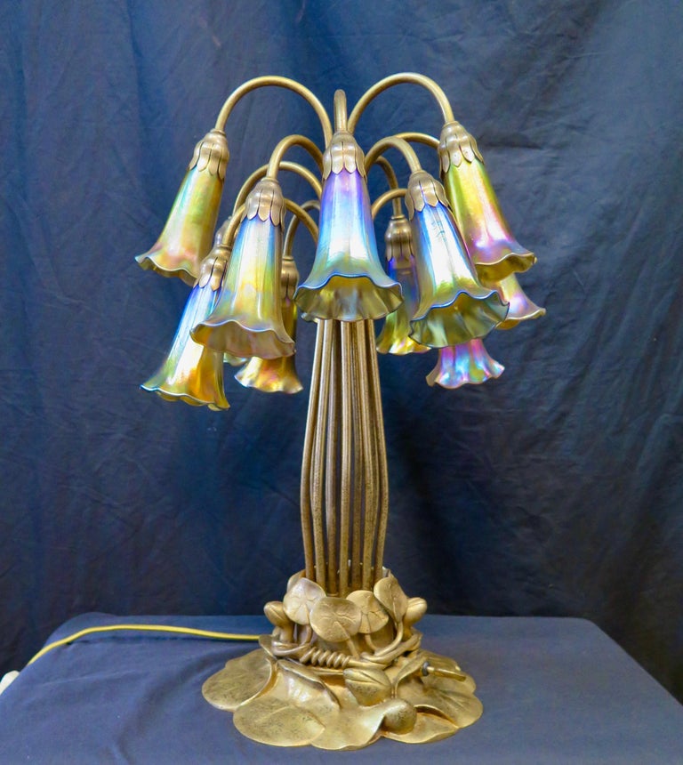 Original Tiffany Studios Twelve Light Lily Lamp in Gold Doré In Good Condition In Bronx, NY