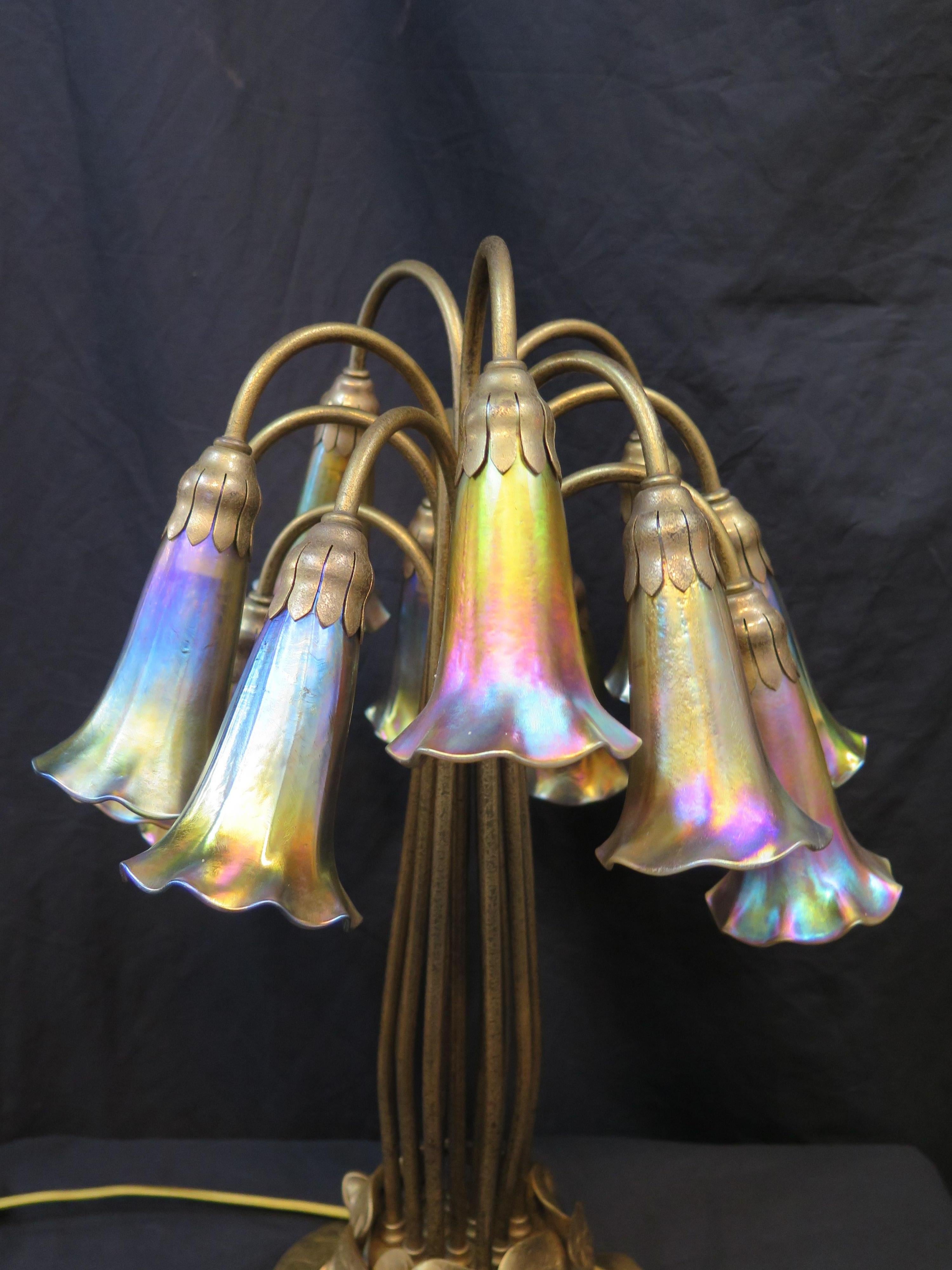 Gilt Original Tiffany Studios Twelve Light Lily Lamp in Gold Doré