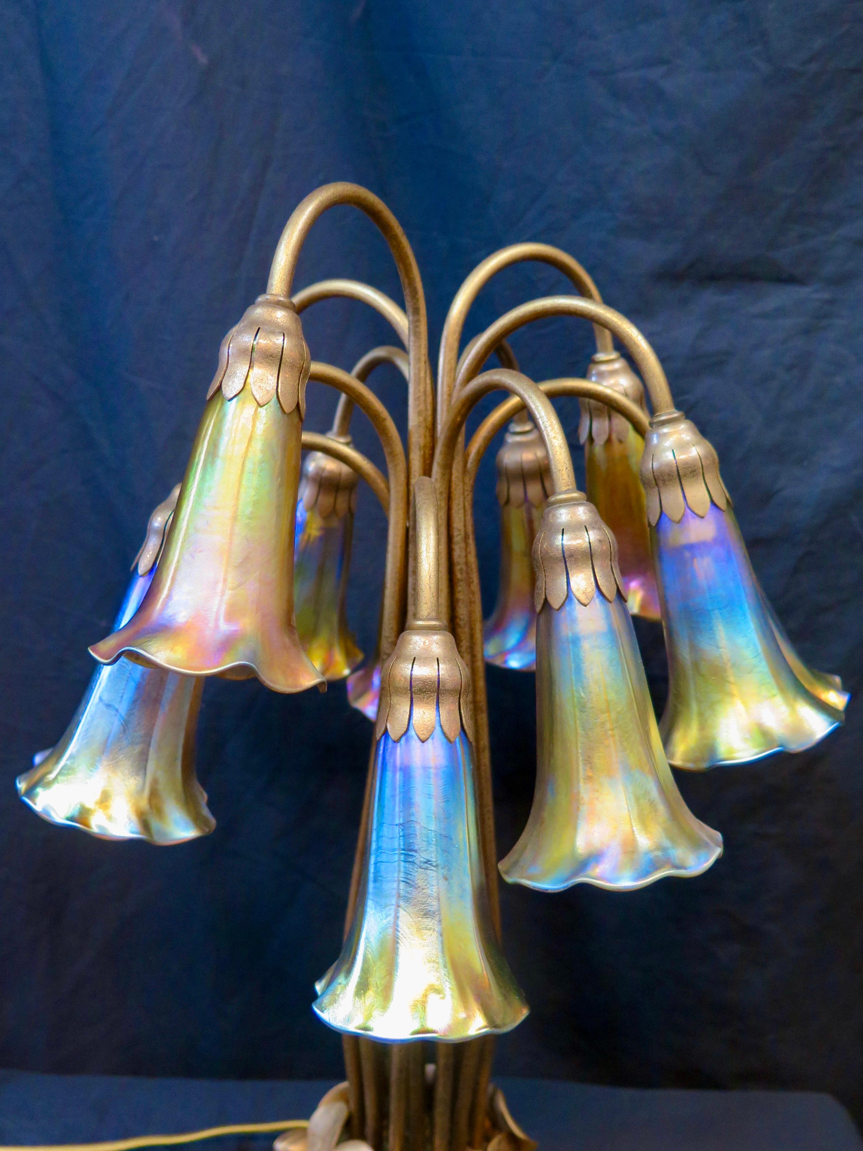 Original Tiffany Studios Twelve Light Lily Lamp in Gold Doré In Good Condition In Bronx, NY