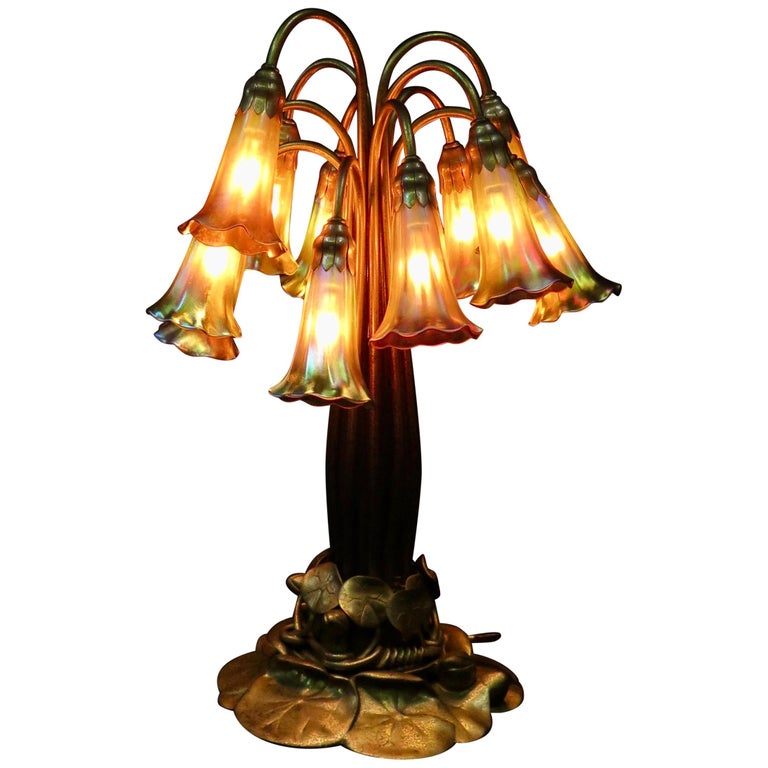 Original Tiffany Studios Twelve Light Lily Lamp in Gold Doré