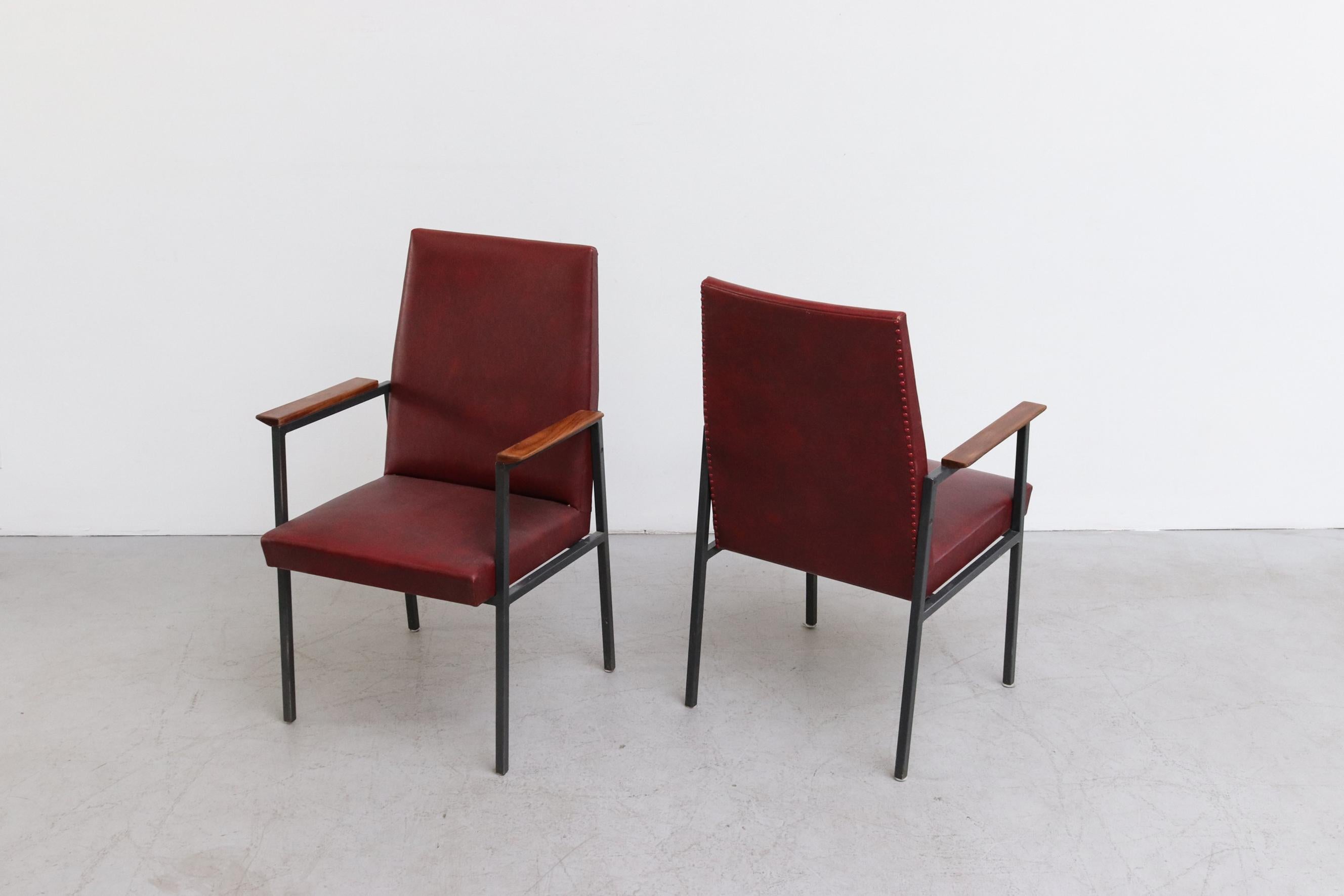 Original Tijsselling Arm Chairs with Burgundy Skai Upholstery and Teak Armrests For Sale 2