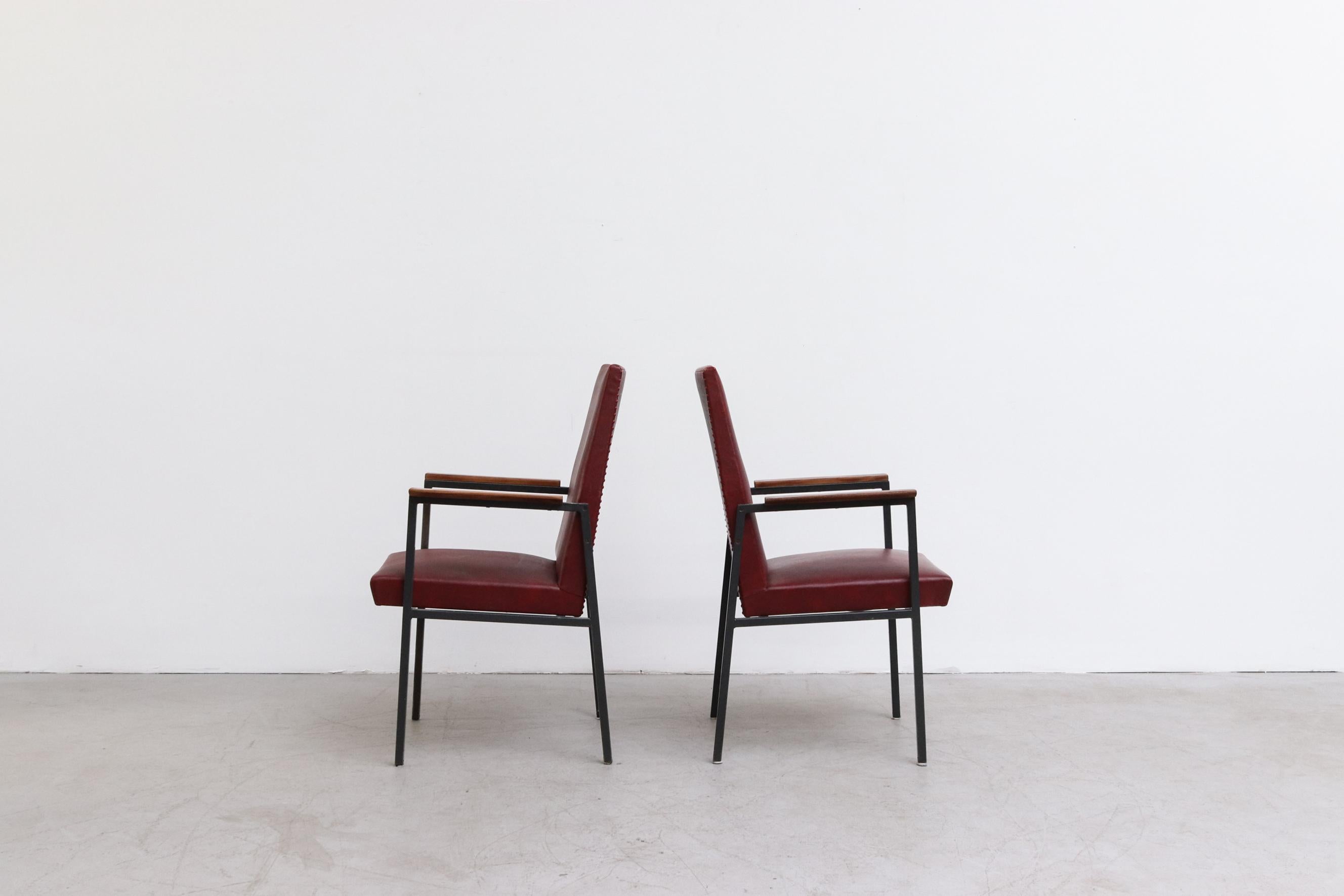 Enameled Original Tijsselling Arm Chairs with Burgundy Skai Upholstery and Teak Armrests For Sale