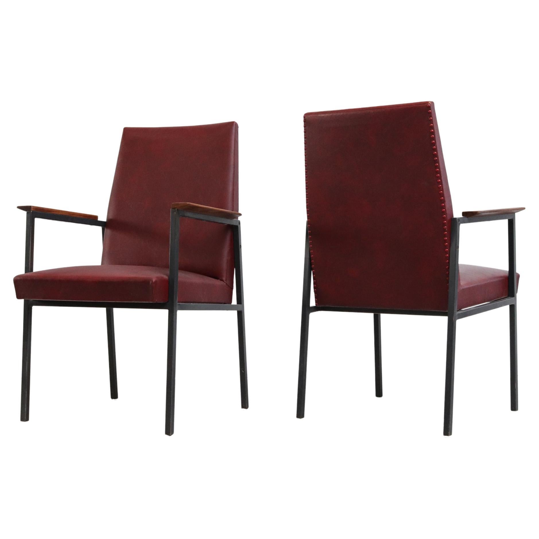 Original Tijsselling Arm Chairs with Burgundy Skai Upholstery and Teak Armrests