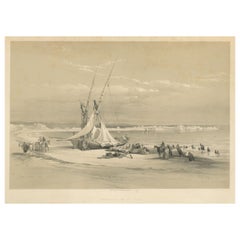 Litografía original tintada con una vista de Tiro, Líbano, hacia 1845