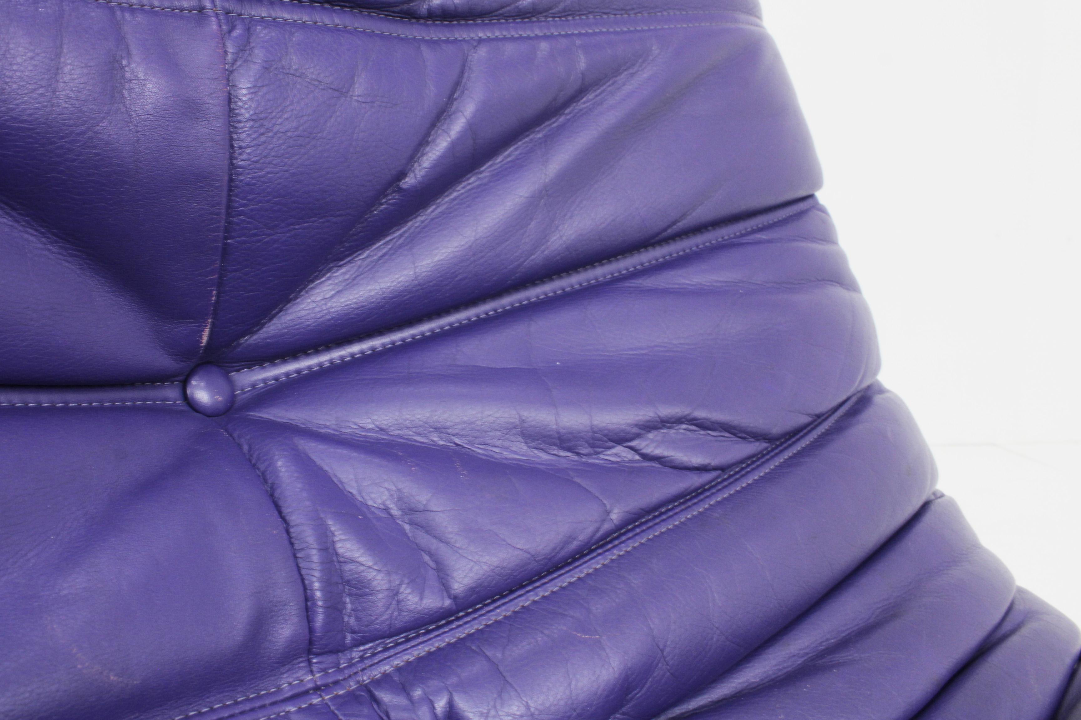 Original Togo Ligne Roset Purple Leather Armchair with Ottoman, 1990s 6