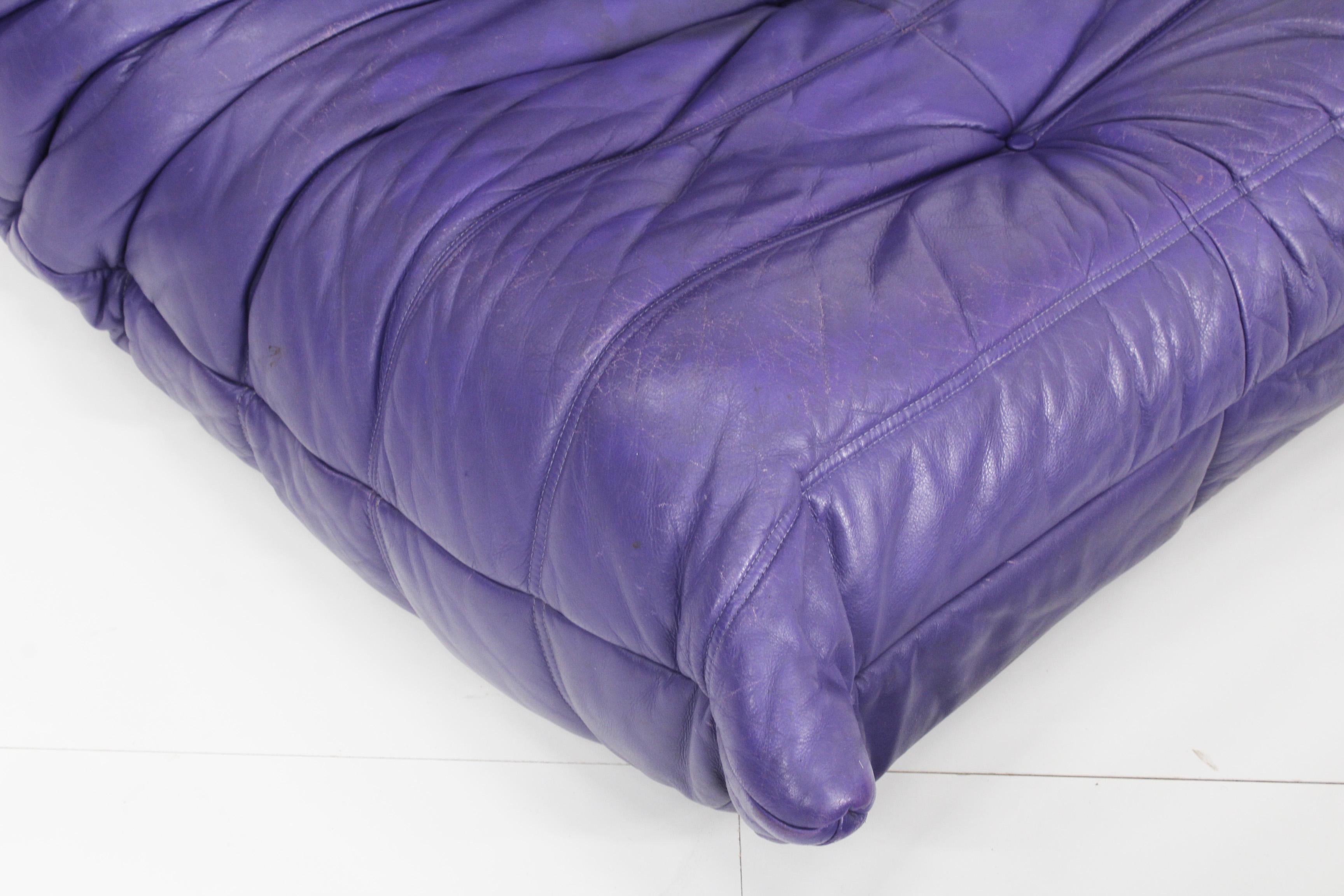 Original Togo Ligne Roset Purple Leather Armchair with Ottoman, 1990s 7