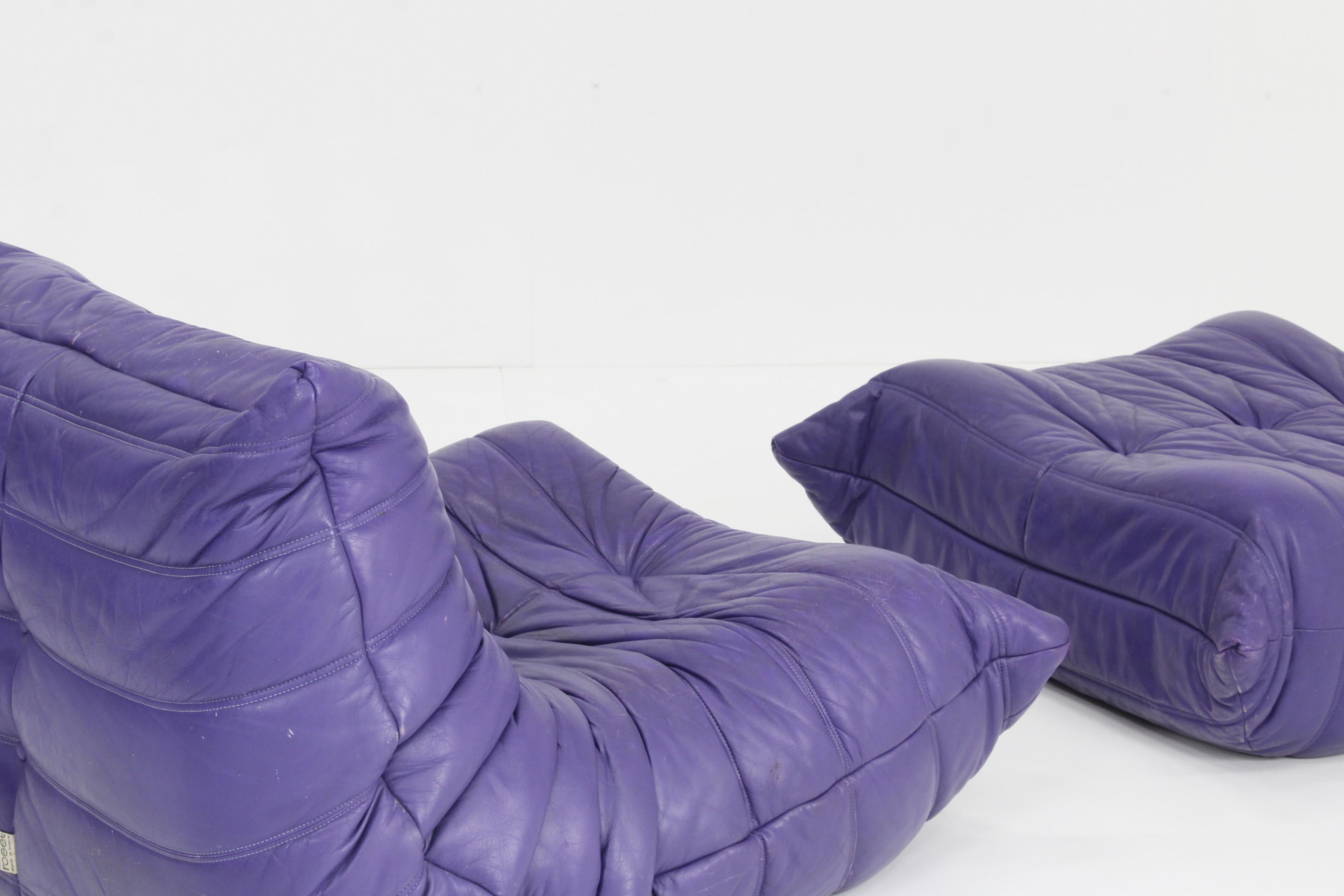Original Togo Ligne Roset Purple Leather Armchair with Ottoman, 1990s 9