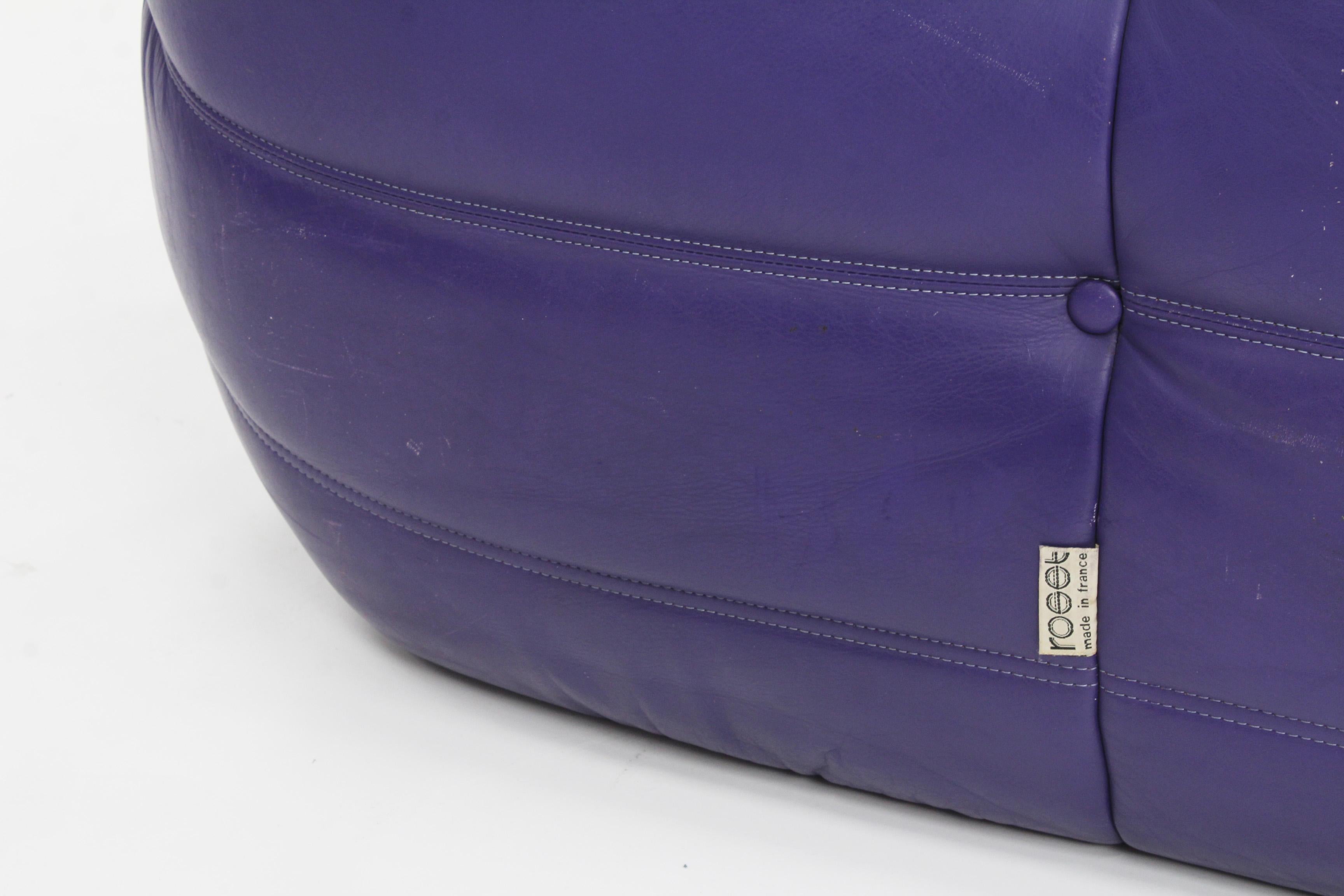 Mid-Century Modern Original Togo Ligne Roset Purple Leather Armchair with Ottoman, 1990s