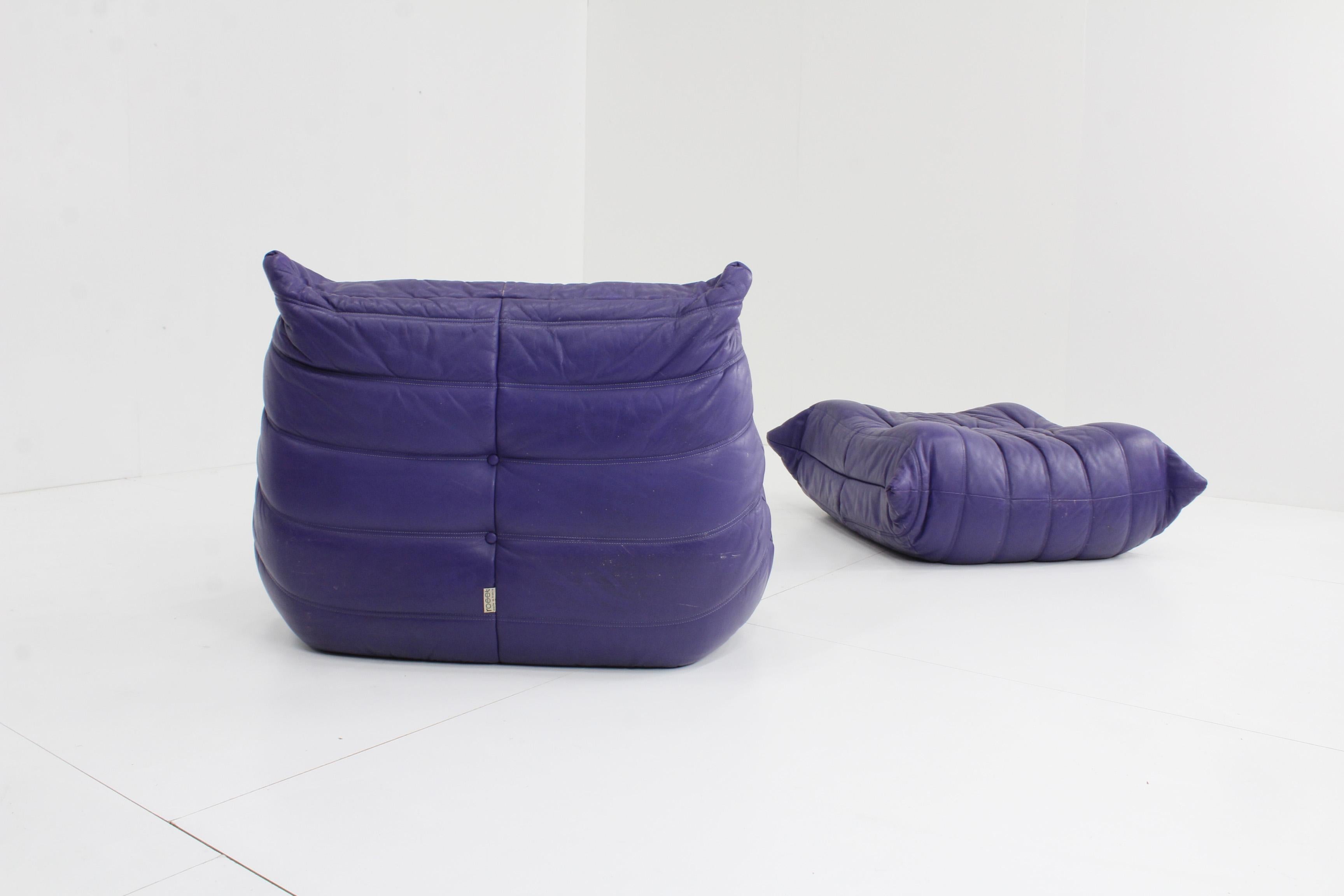French Original Togo Ligne Roset Purple Leather Armchair with Ottoman, 1990s