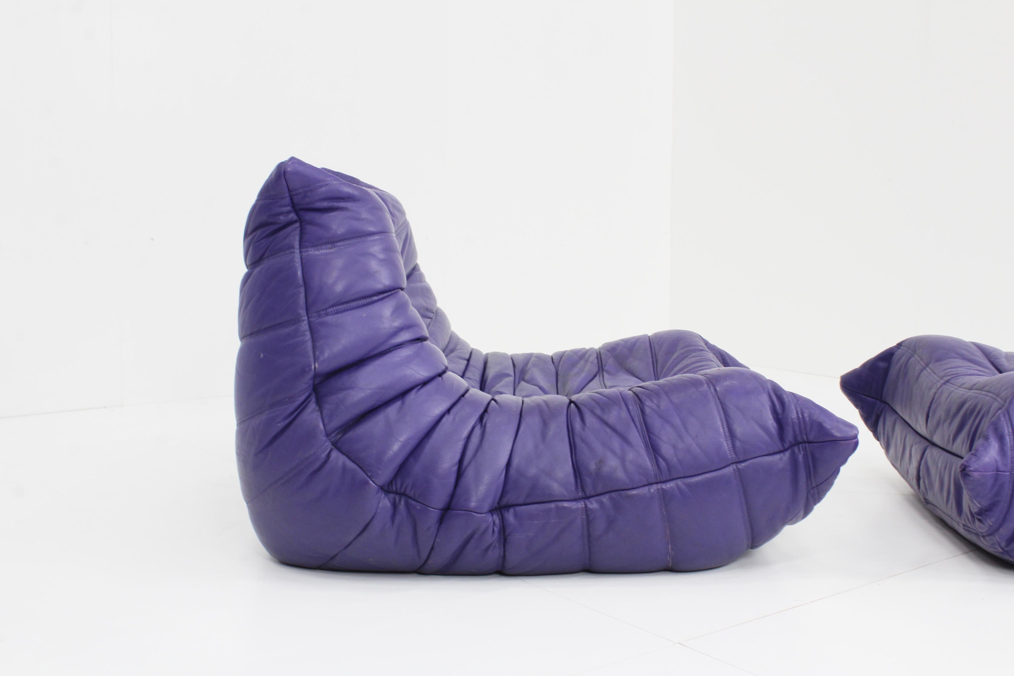 Late 20th Century Original Togo Ligne Roset Purple Leather Armchair with Ottoman, 1990s