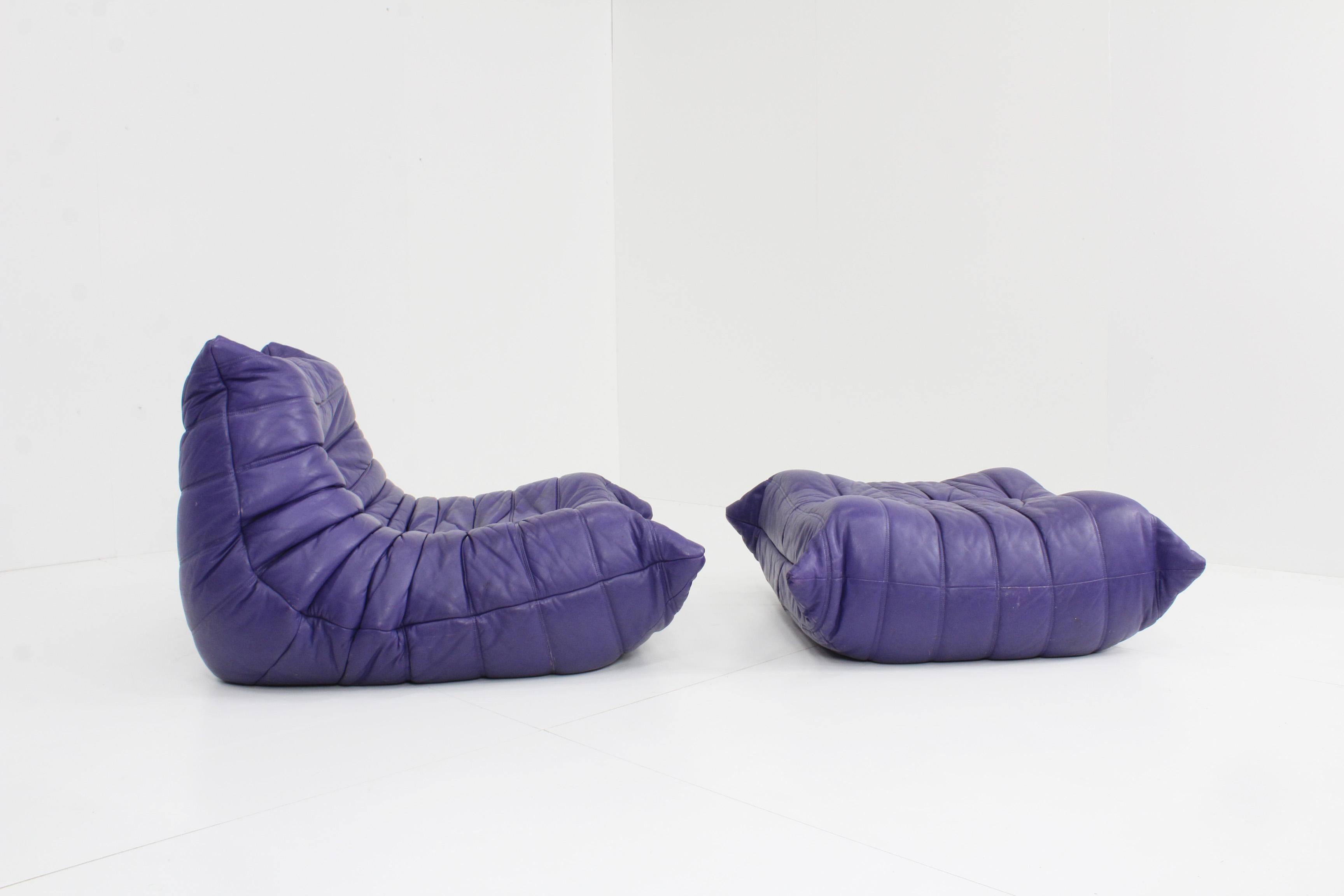 Original Togo Ligne Roset Purple Leather Armchair with Ottoman, 1990s 1