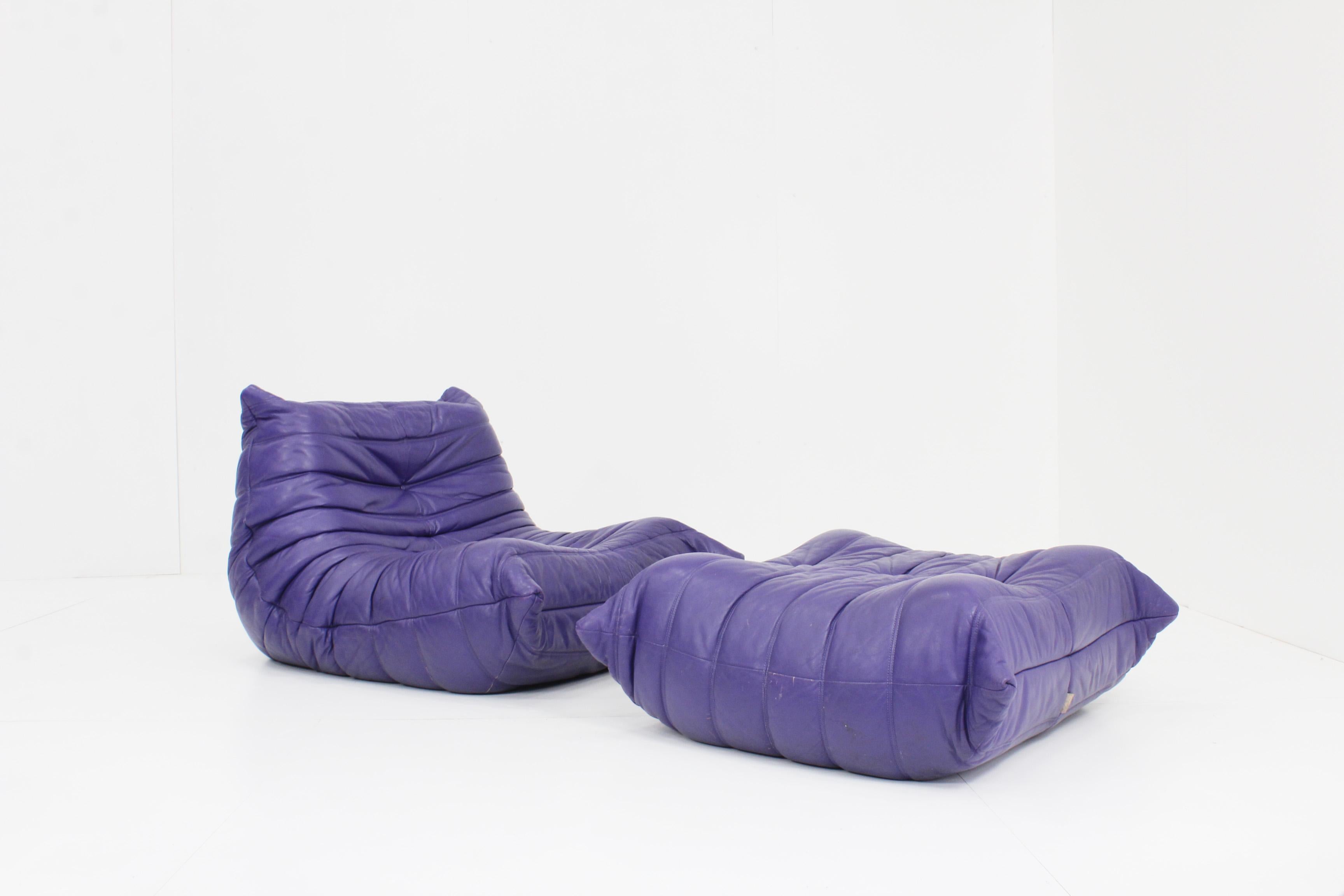 Original Togo Ligne Roset Purple Leather Armchair with Ottoman, 1990s 2