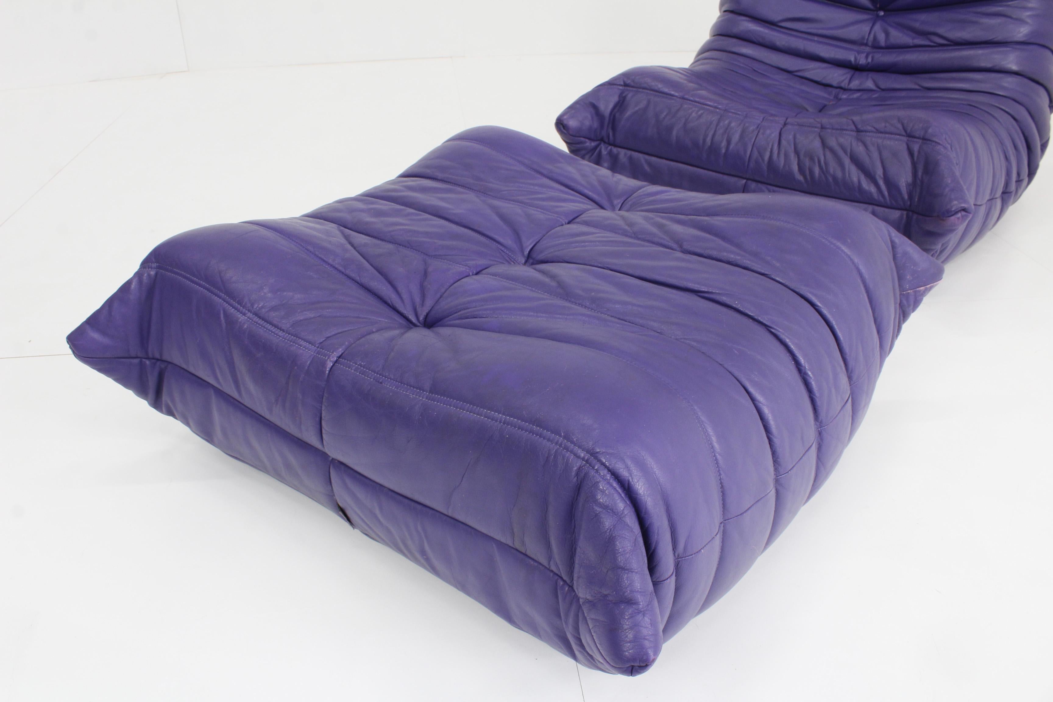 Original Togo Ligne Roset Purple Leather Armchair with Ottoman, 1990s 3