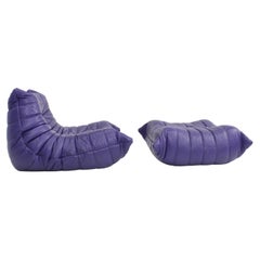 Original Togo Ligne Roset Purple Leather Armchair with Ottoman, 1990s