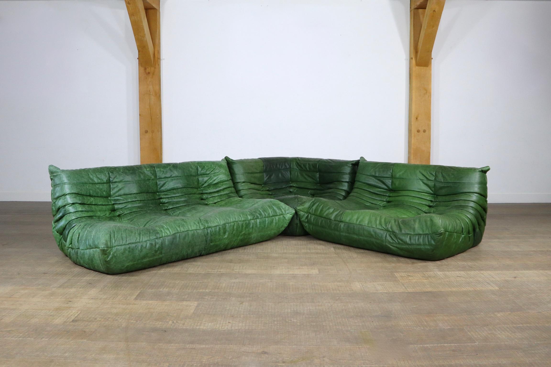 Original Togo Seating Group in Green Leather by Michel Ducaroy for Ligne Roset In Good Condition In ABCOUDE, UT