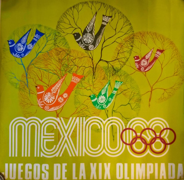 Mid-Century Modern Original Tourism Posters Promoting Mexico 68 Olympic Games Bursting with Colors For Sale