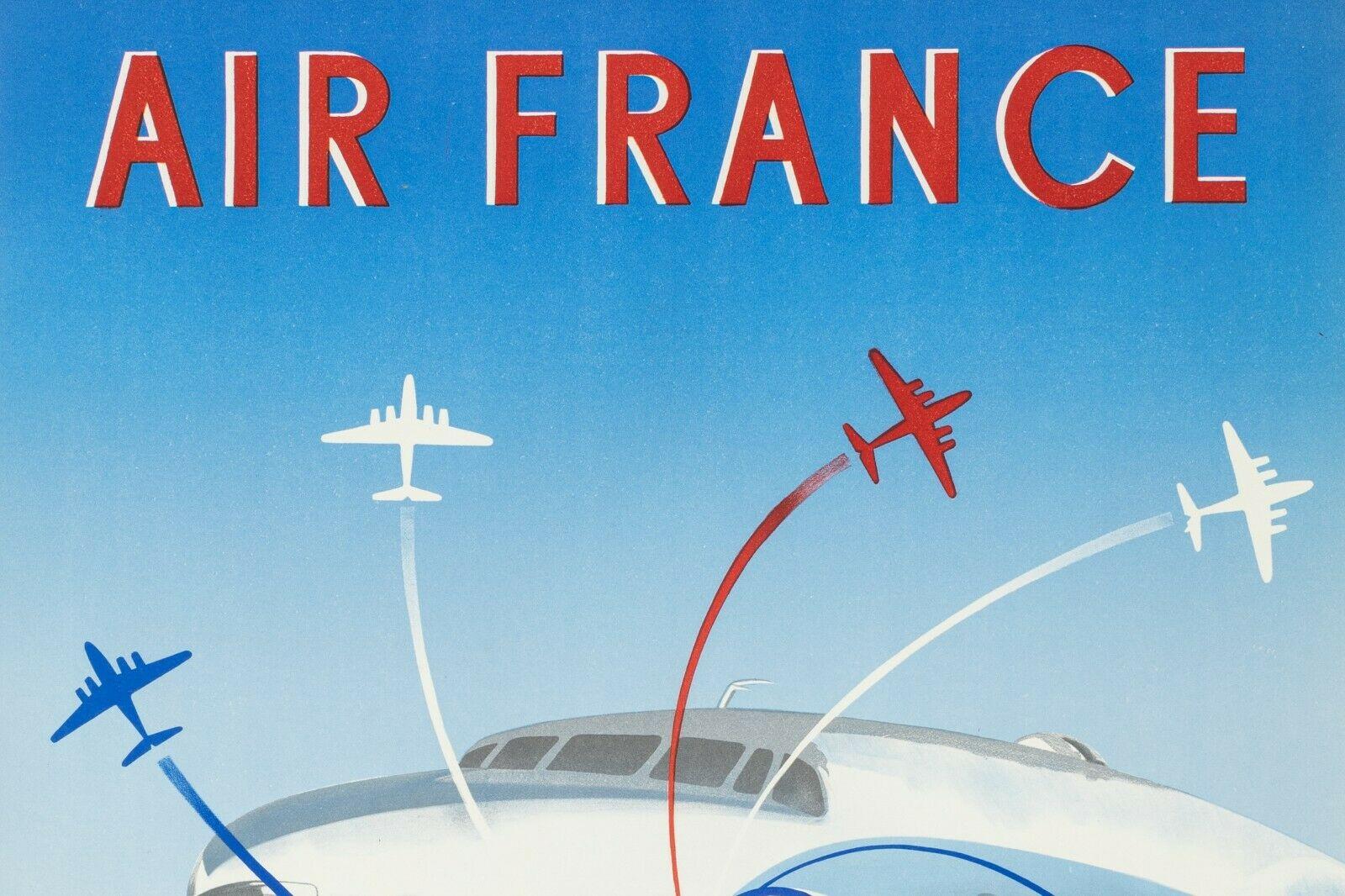 Original Travel Poster-Renluc-Dragon-Tailed Pegasus-Shrimp-Aviation, 1951

Affiche publicitaire pour Air France, on y retrouve le logo de la compagnie (le pégase/cheval à queue de dragon également appelé la crevette, 1933-1975), d'où partent de