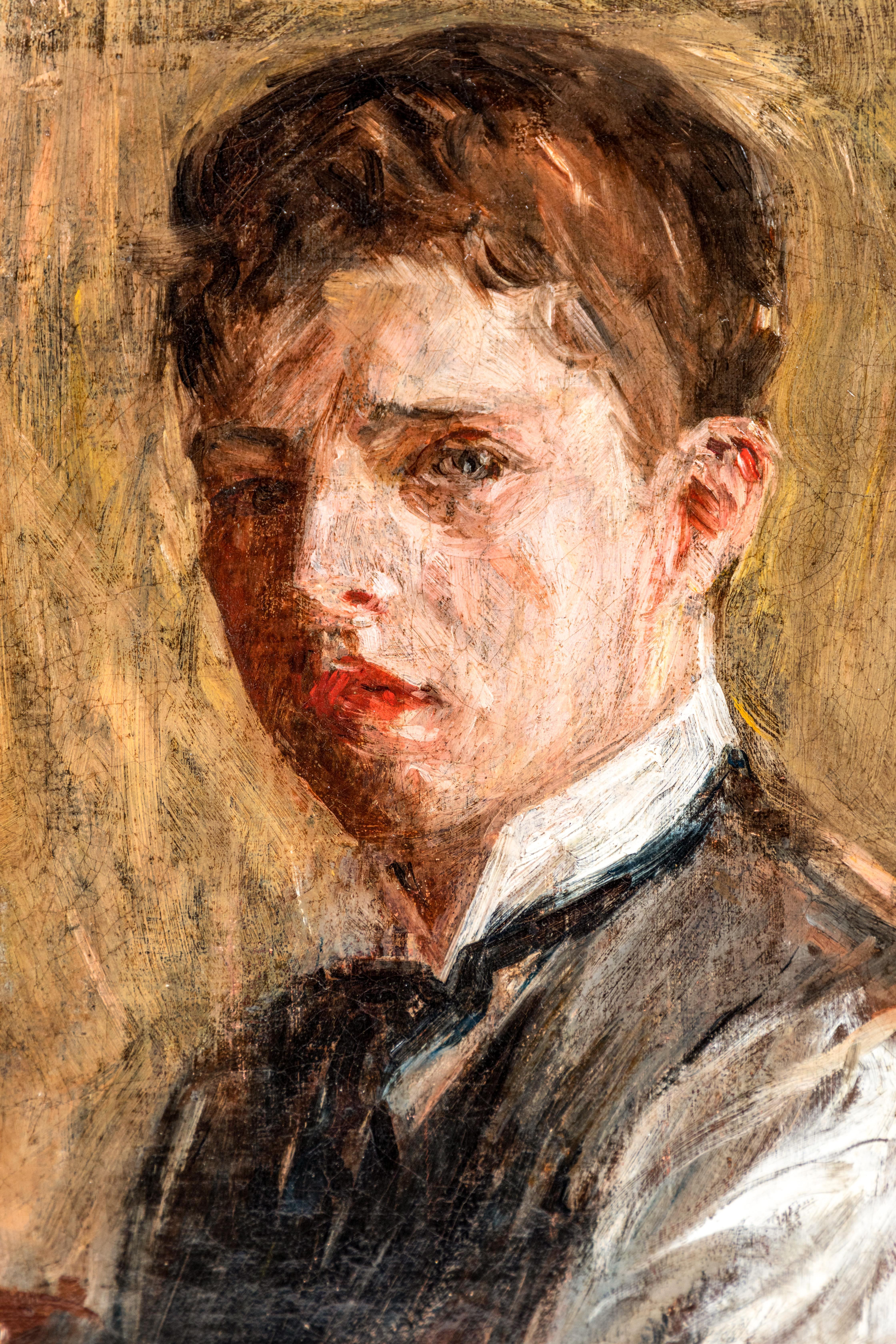 Peinture à l'huile sur toile habilement réalisée, représentant un jeune homme de trois quarts de profil. Présenté dans un cadre d'époque sculpté à la main. Signé 