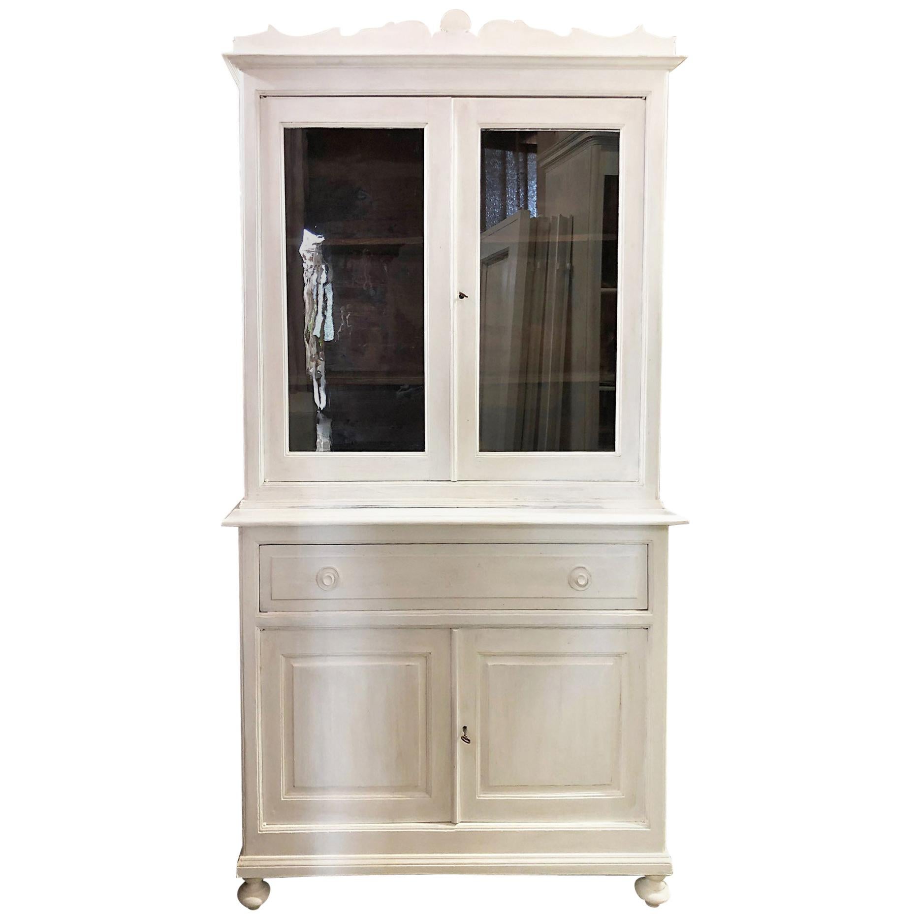 Original Tuscan Showcase from 1880 in Fir, Shabby White Color, with Period Glass