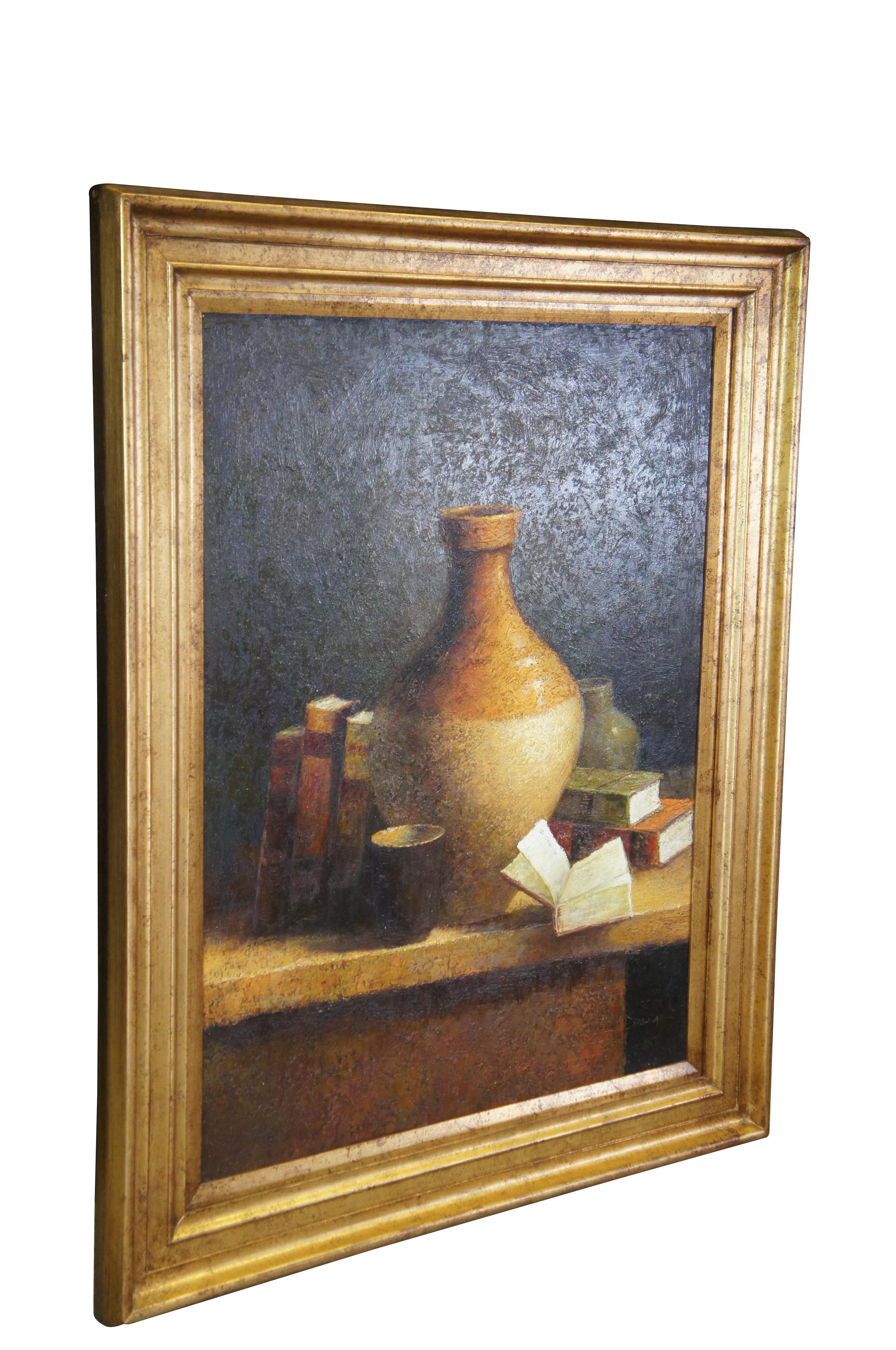 A large realist still life oil painting on canvas, circa 1990s. Signed by Delia lower left.  Features a Southwestern / Tuscan library or study scene with books and vases on a table.  The painting is framed in pine with a gold finish. Includes a COA