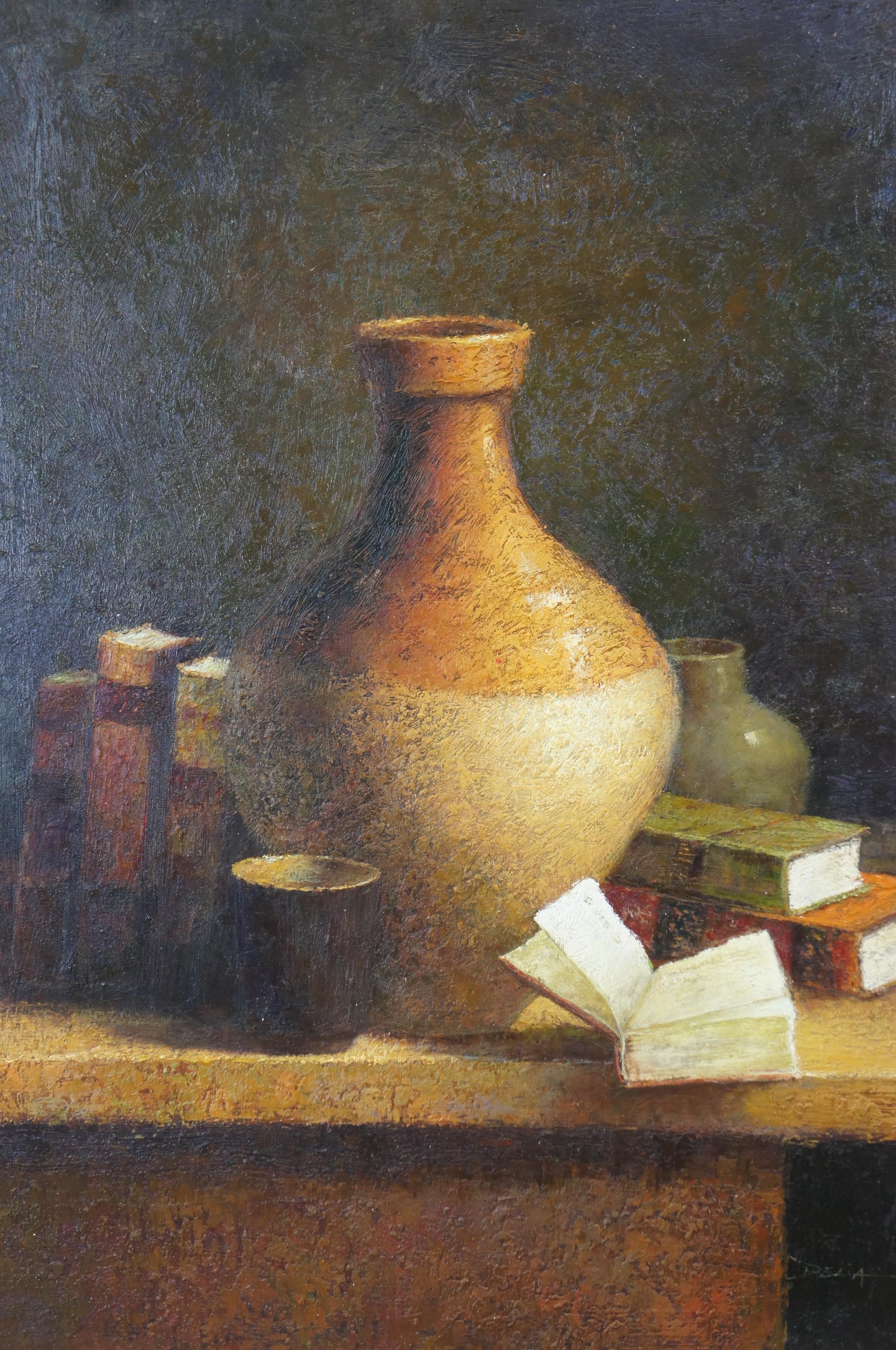 Late 20th Century Original Tuscan Southwestern Pottery & Books Still Life Realist Oil Painting 40