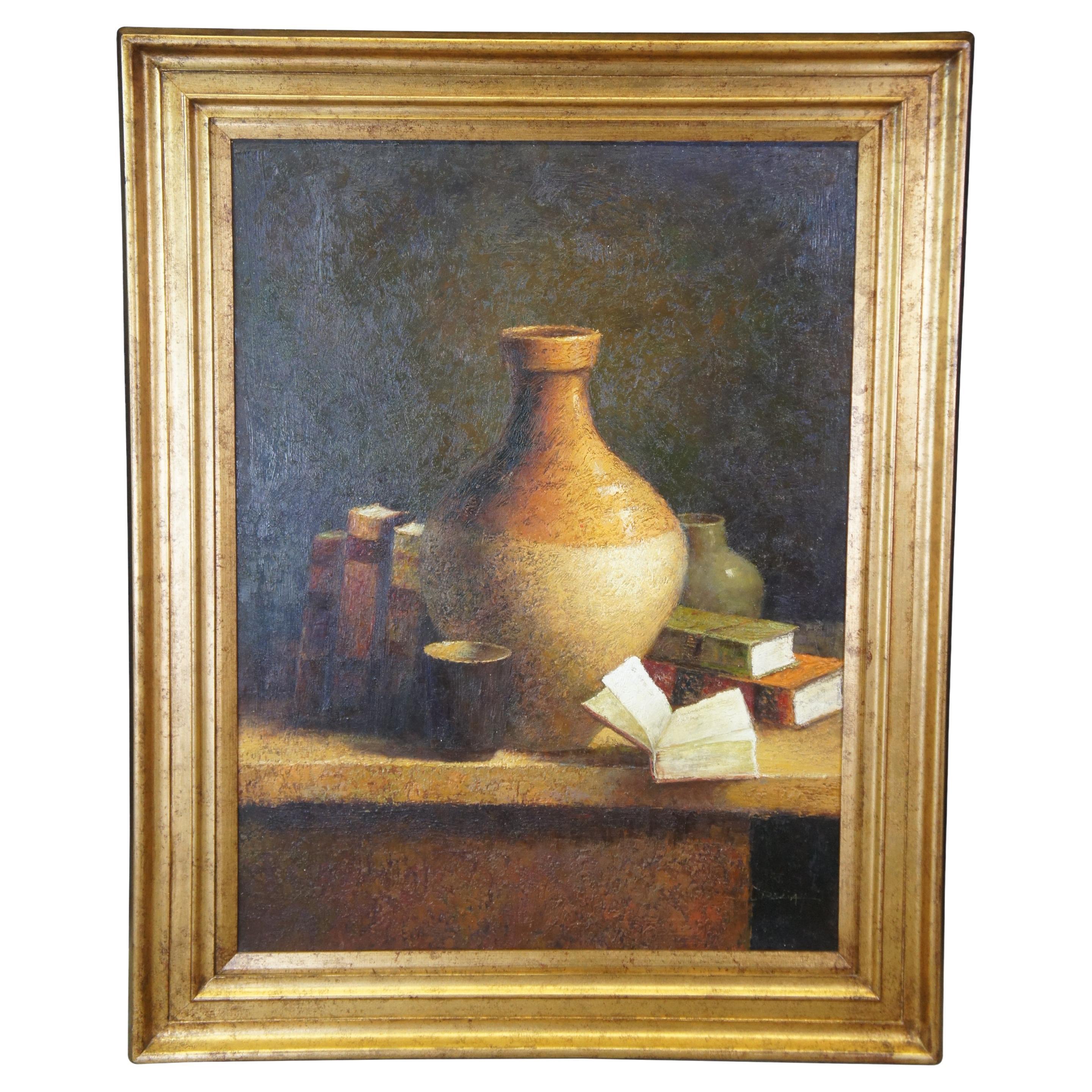 Original Tuscan Southwestern Pottery & Books Still Life Realist Oil Painting 40" For Sale