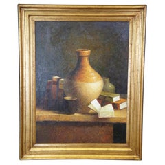 Used Original Tuscan Southwestern Pottery & Books Still Life Realist Oil Painting 40"
