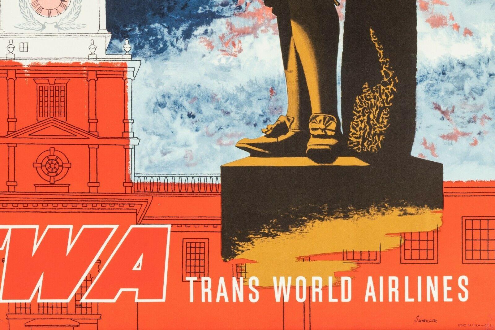 Art déco Affiche originale de Twa Swanson-Swanson-Philadelphia Liberty Bell Lockheed Constellation, c. en vente