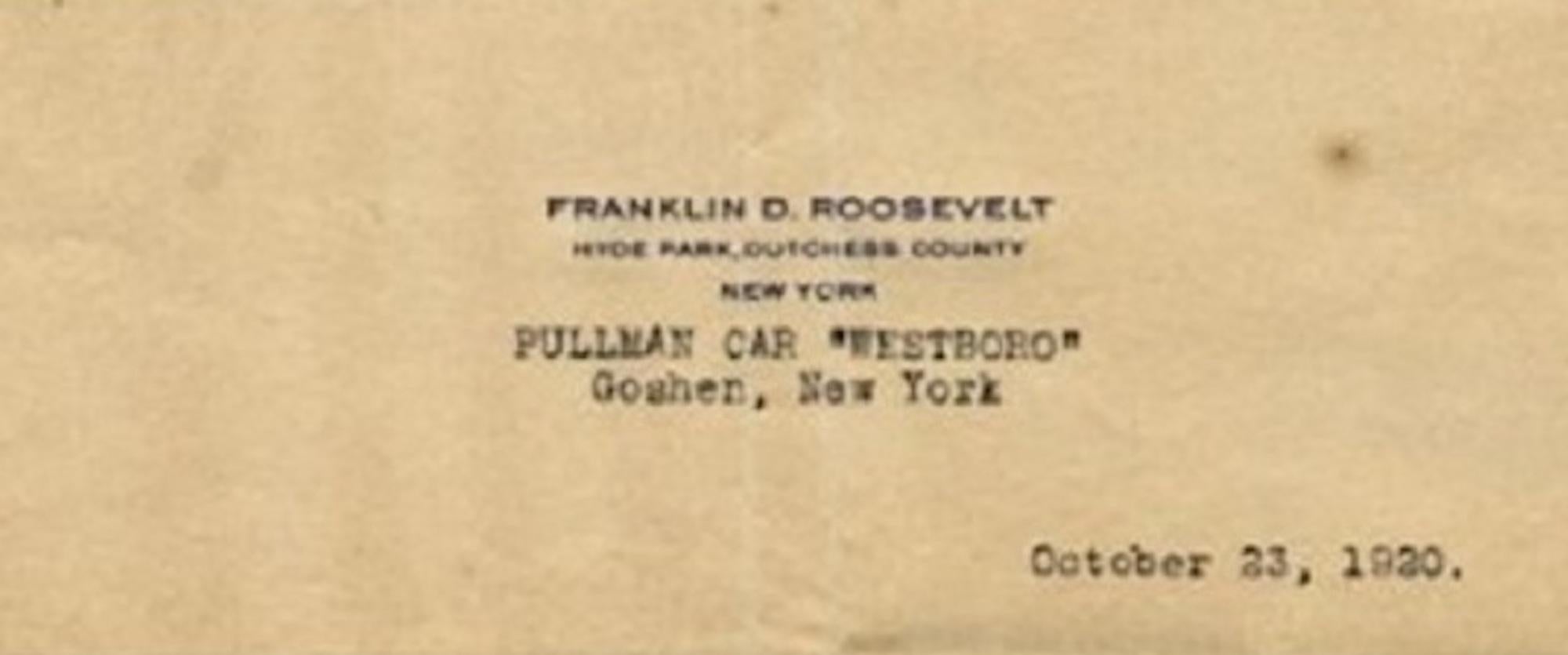 Document historique de Roosevelt est un précieux T.D.S. (Document dactylographié signé) du président des États-Unis d'Amérique Franklin Delano Roosevelt (1882 - 1945) à Charles F. Hill, le secrétaire du député Phelan, Washington.

Sur papier à