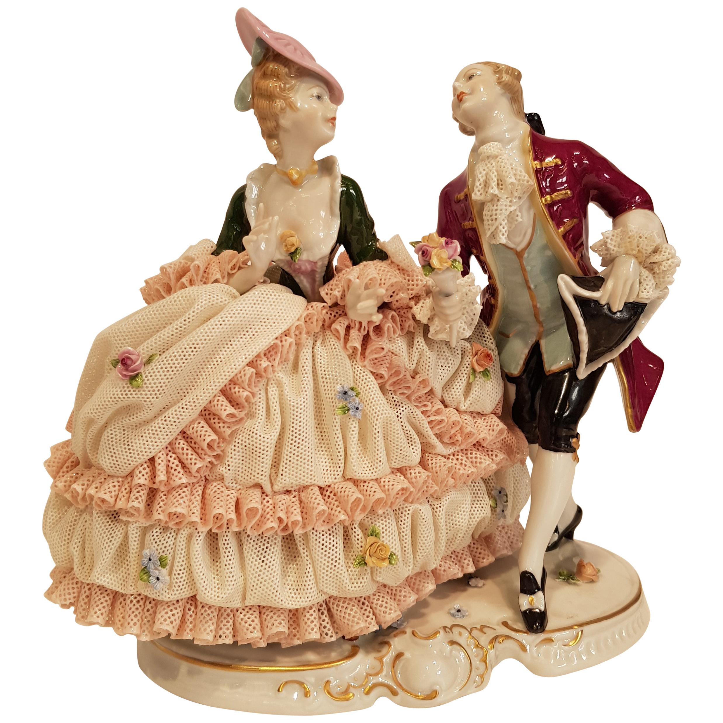 Original Unterweissbach Porcelain, Figures "Woman in lace and man" For Sale