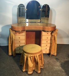 Original Vanitie and Its Art Deco Stool in Sycamore, circa 1940-1950
