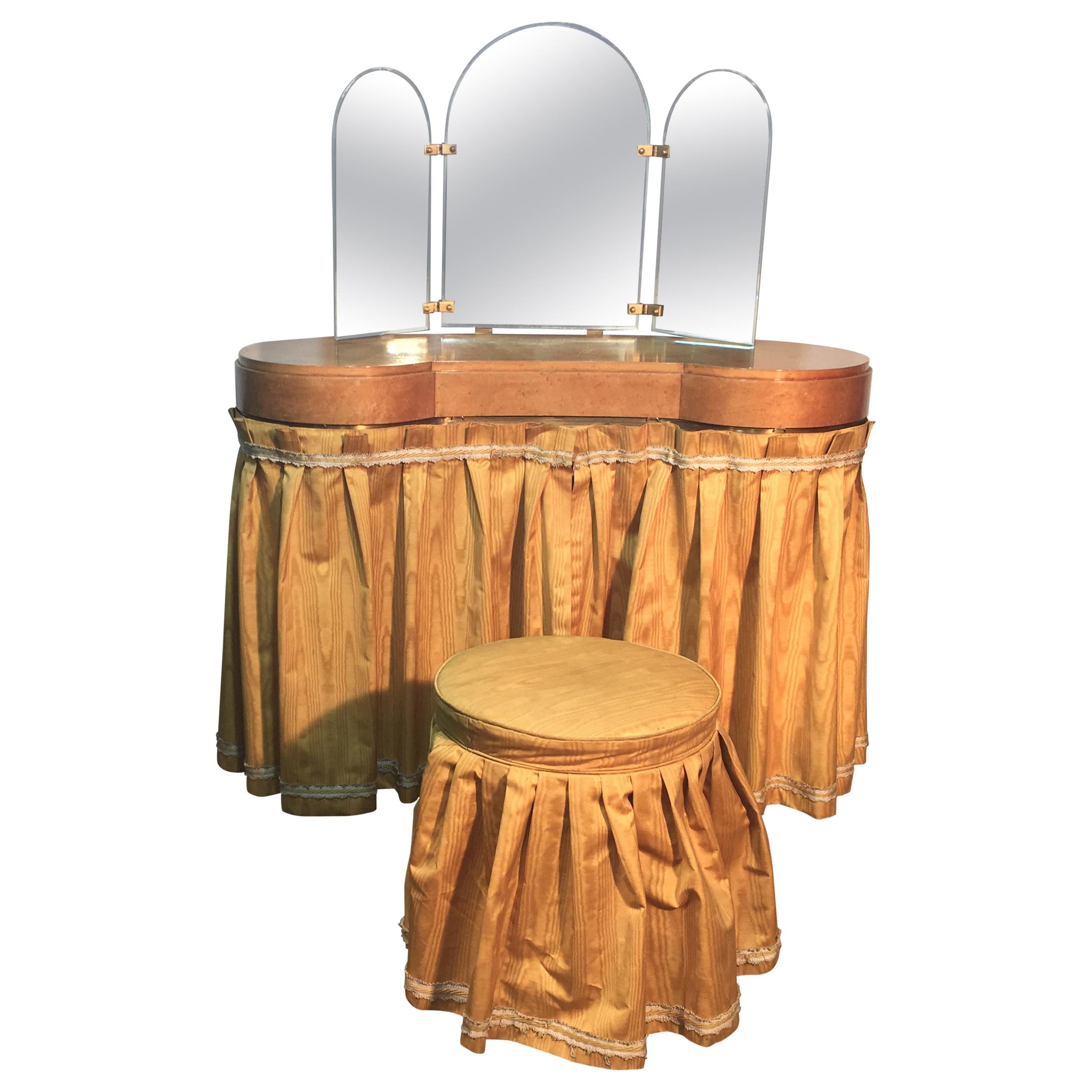 Original Vanitie and Its Art Deco Stool in Sycamore, circa 1940-1950