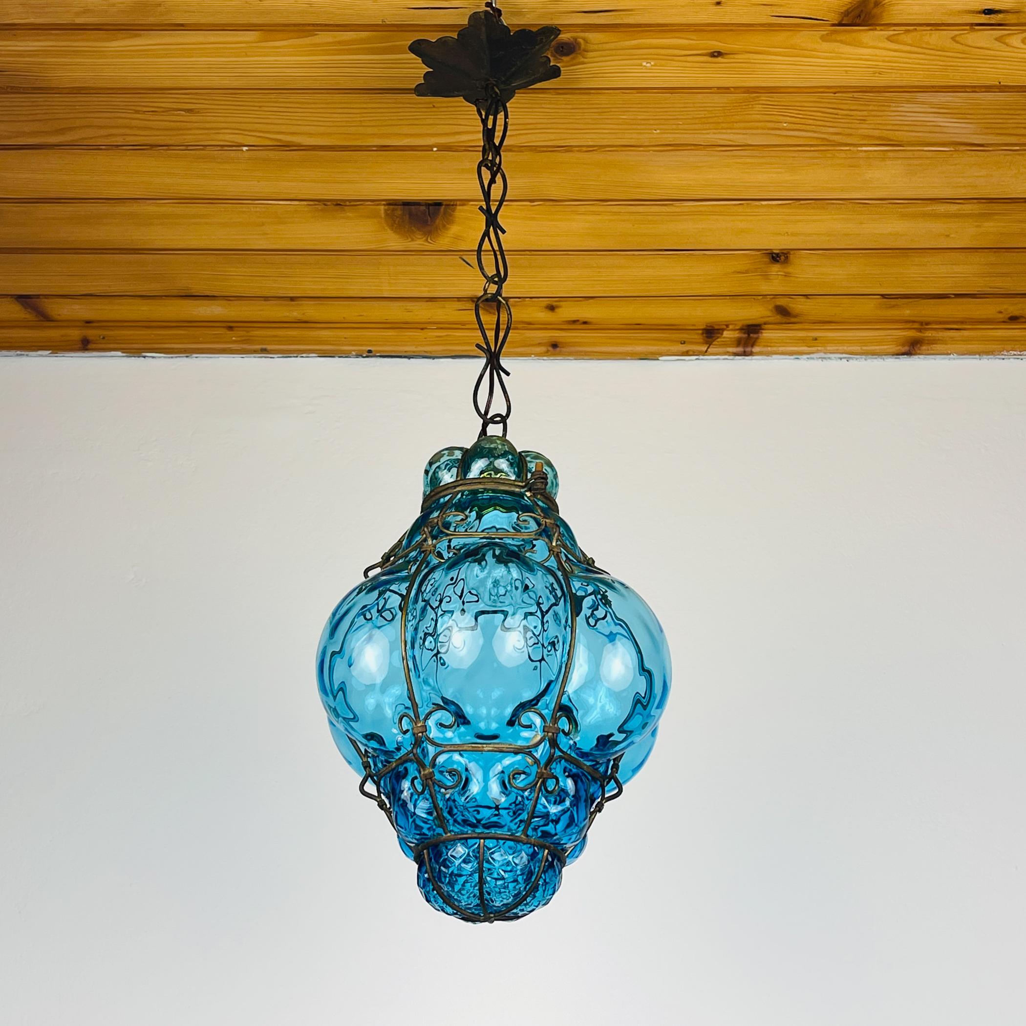 Original Venetian Blue Murano Caged Glass Pendant Lamp, Italy 1950s 4