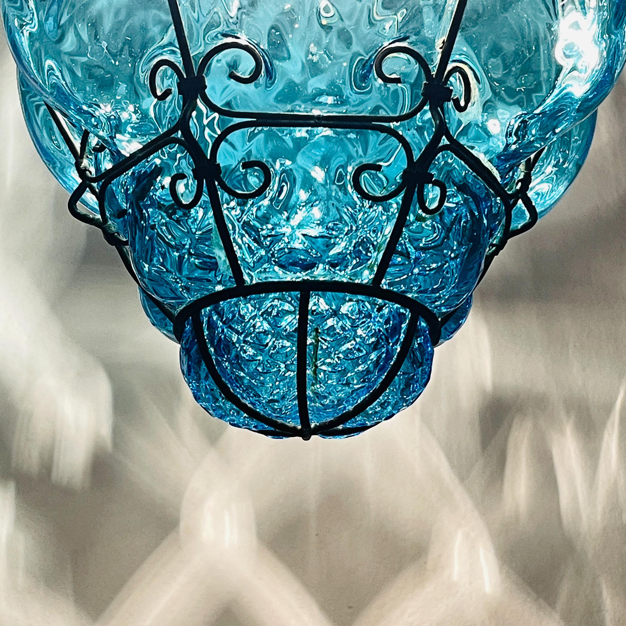 Original Venetian Blue Murano Caged Glass Pendant Lamp, Italy 1950s 5