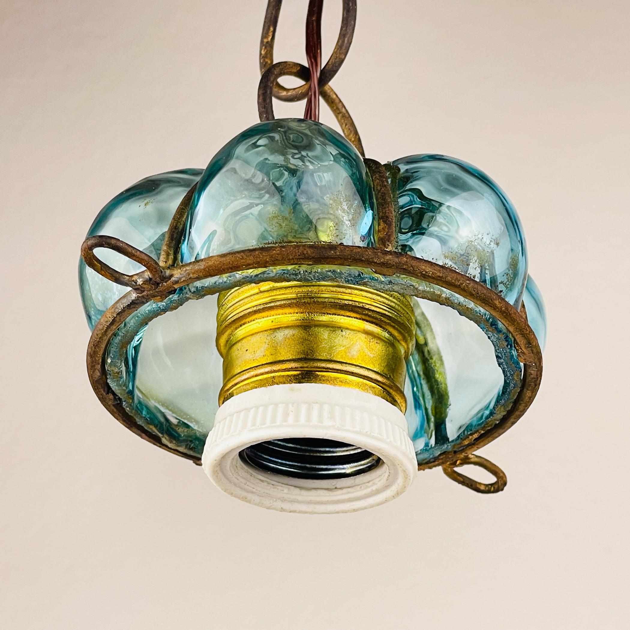 Original Venetian Blue Murano Caged Glass Pendant Lamp, Italy 1950s 6